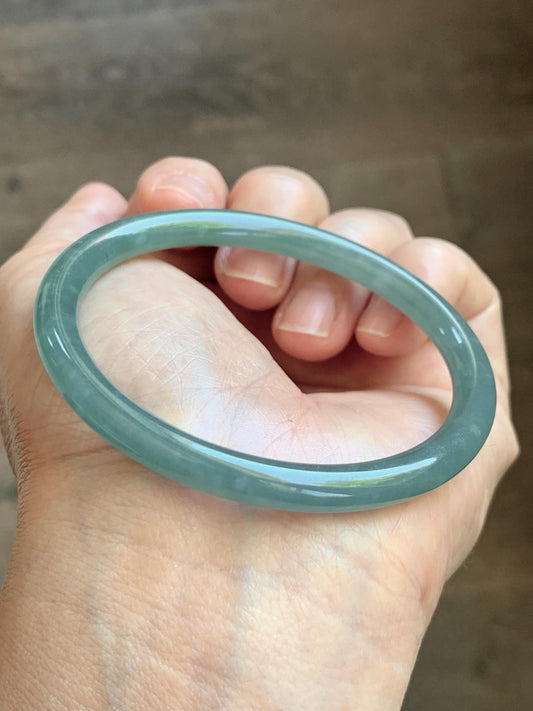 Certified Natural Grade A Guatemalan Icy Translucent Dusty Teal Jade Jadeite Slim Bangle 55.15mm 6.8” 19g 天然冰危暗蓝绿翡翠细圆条手镯 1173