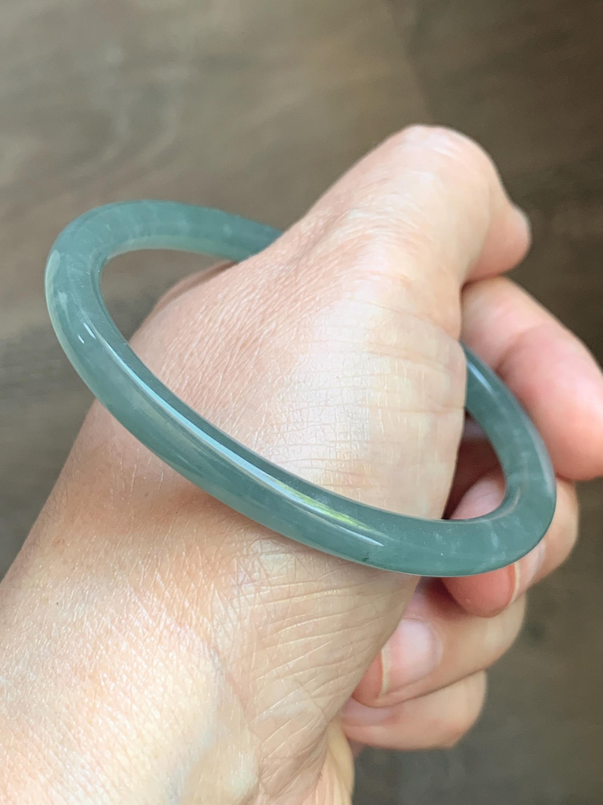 Certified Natural Grade A Guatemalan Icy Translucent Dusty Teal Jade Jadeite Slim Bangle 55.15mm 6.8” 19g 天然冰危暗蓝绿翡翠细圆条手镯 1173