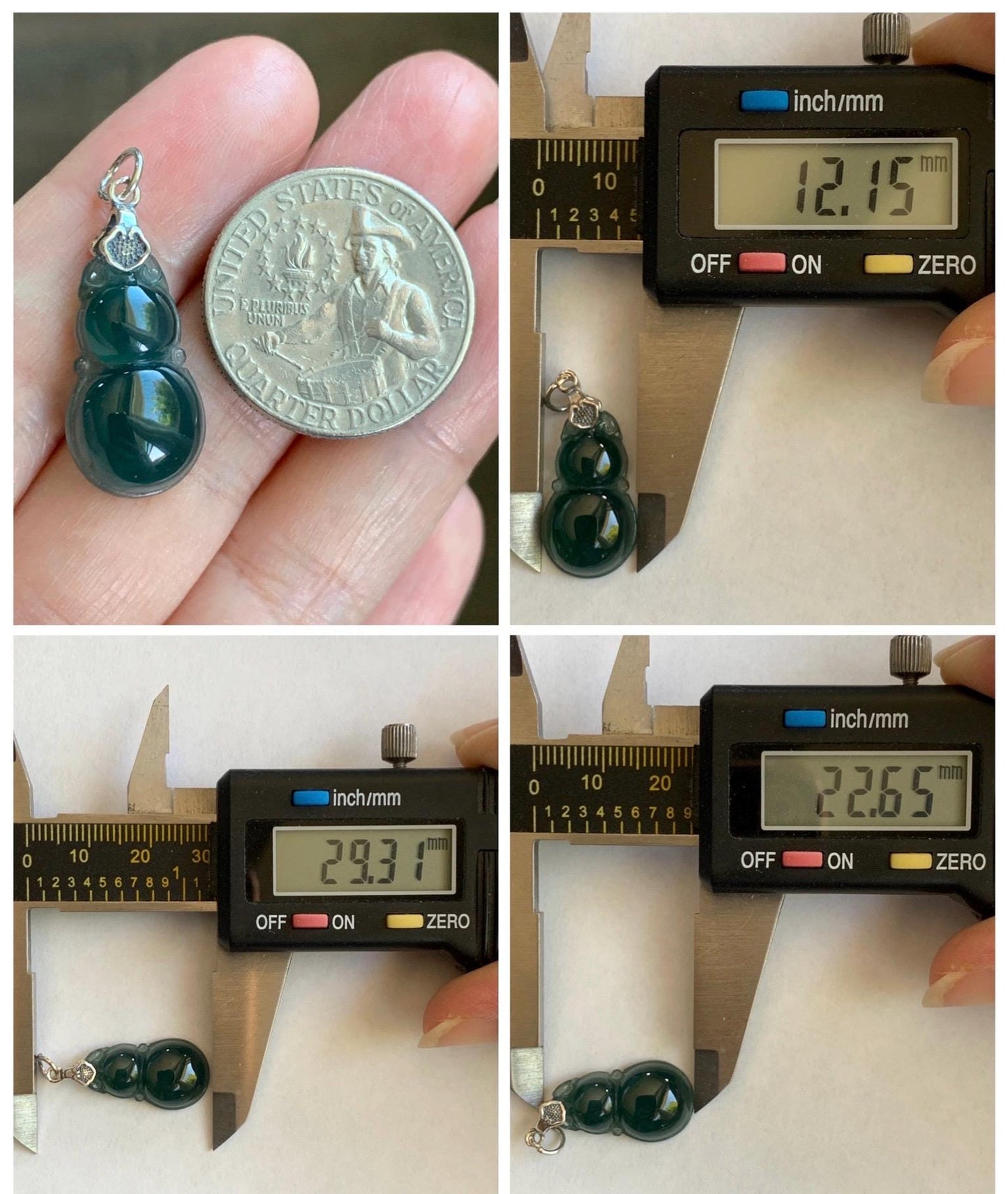 Natural Grade A Guatemalan Icy Translucent Dark Teal Green Jade Jadeite Gourd Hulu Pendant Sterling Silver 2g 天然冰危深蓝绿翡翠葫芦吊坠 WHL132B