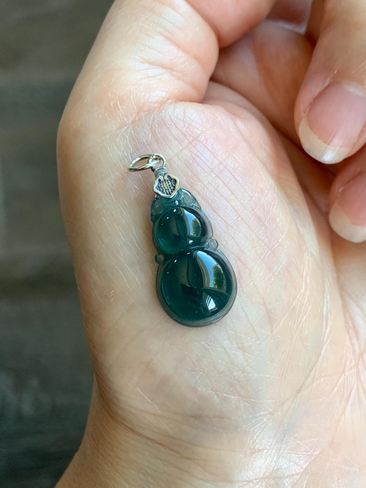 Natural Grade A Guatemalan Icy Translucent Dark Teal Green Jade Jadeite Gourd Hulu Pendant Sterling Silver 2g 天然冰危深蓝绿翡翠葫芦吊坠 WHL132B