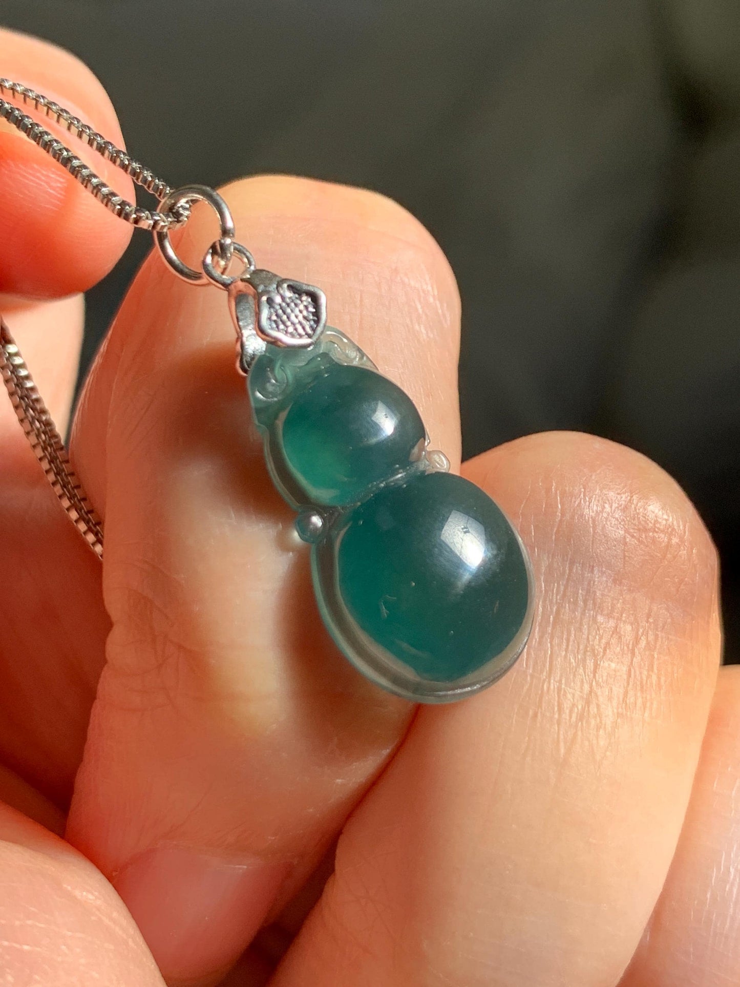 Natural Grade A Guatemalan Icy Translucent Dark Teal Green Jade Jadeite Gourd Hulu Pendant Sterling Silver 2g 天然冰危深蓝绿翡翠葫芦吊坠 WHL132B