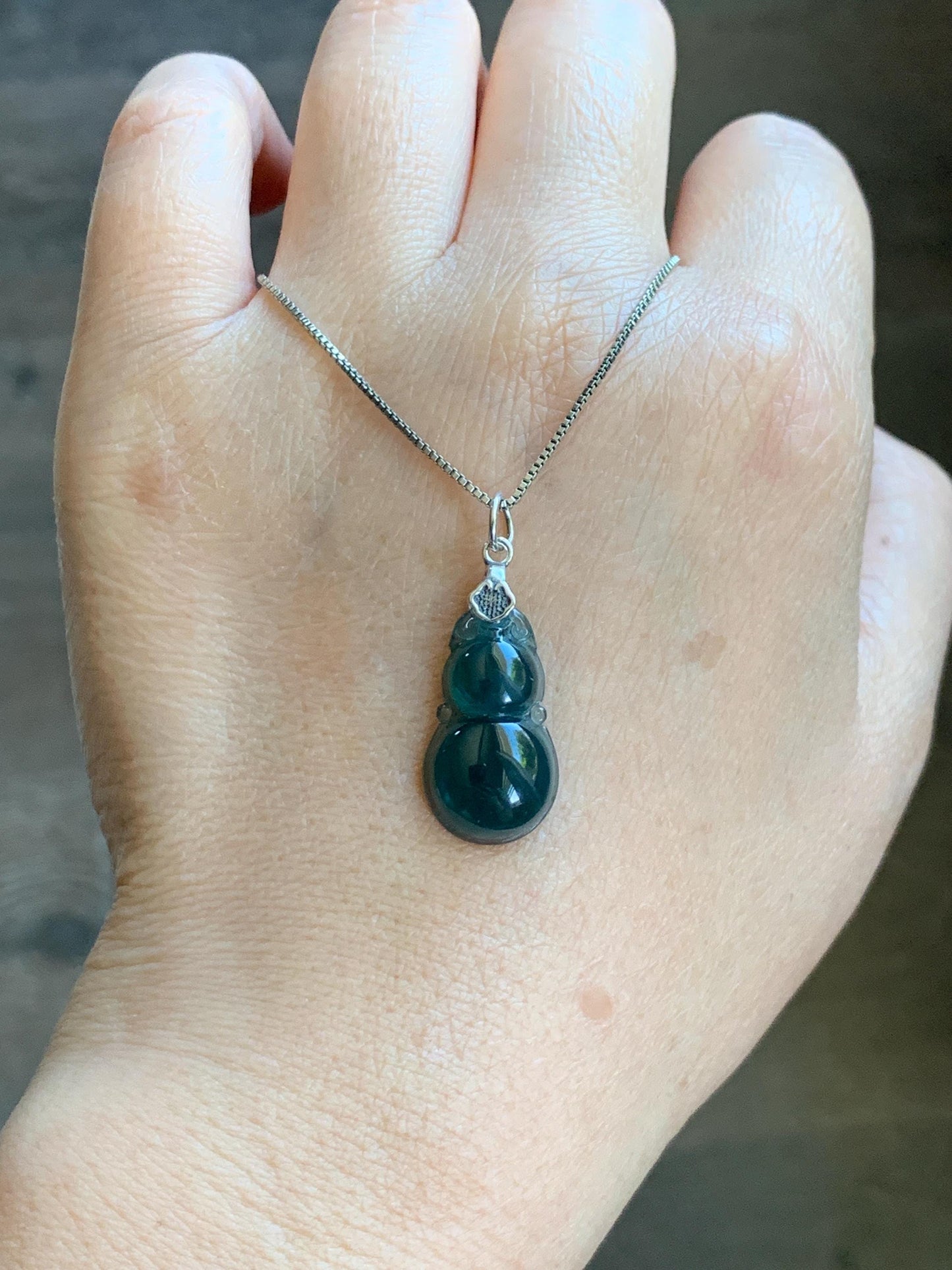 Natural Grade A Guatemalan Icy Translucent Dark Teal Green Jade Jadeite Gourd Hulu Pendant Sterling Silver 2g 天然冰危深蓝绿翡翠葫芦吊坠 WHL132B