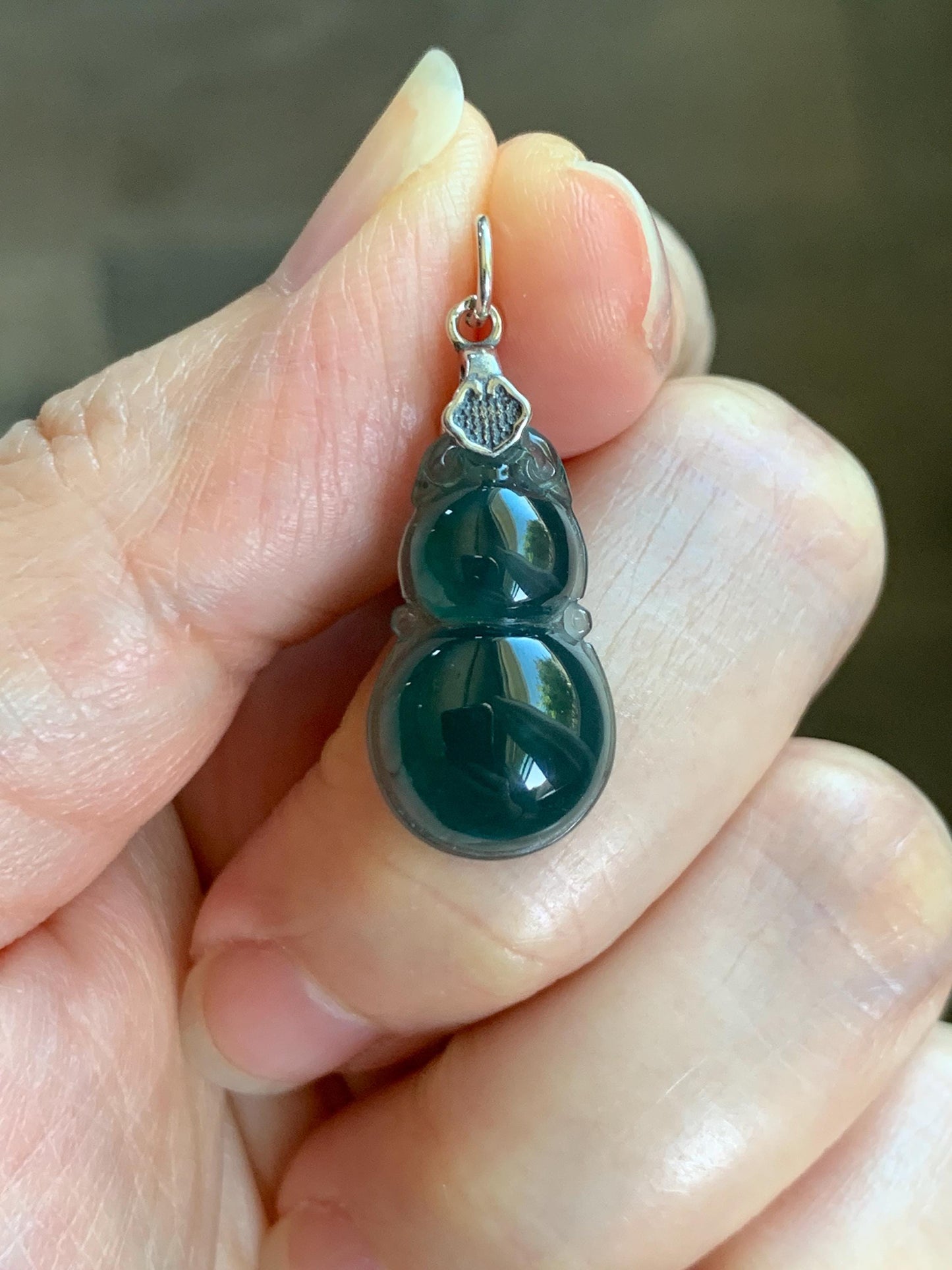 Natural Grade A Guatemalan Icy Translucent Dark Teal Green Jade Jadeite Gourd Hulu Pendant Sterling Silver 2g 天然冰危深蓝绿翡翠葫芦吊坠 WHL132B