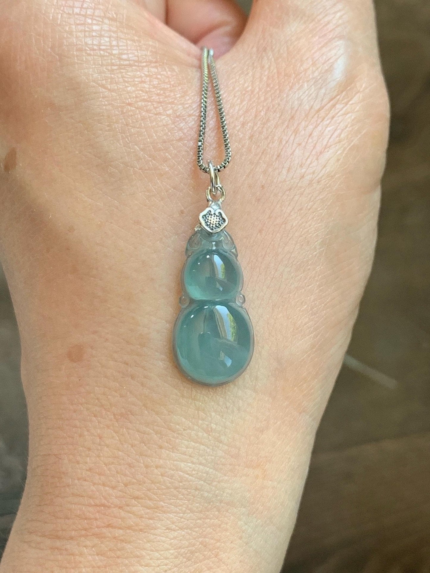 Natural Grade A Guatemalan Icy Translucent Teal Green Jade Jadeite Gourd Hulu Pendant Sterling Silver 2g 天然冰危蓝绿翡翠葫芦吊坠 WHL132A