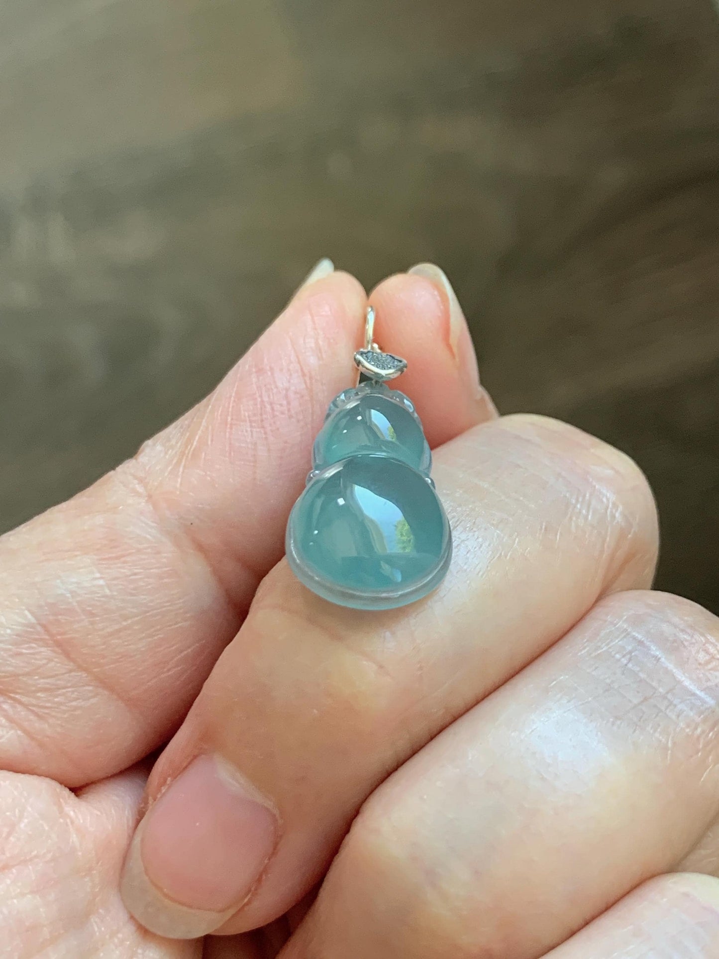 Natural Grade A Guatemalan Icy Translucent Teal Green Jade Jadeite Gourd Hulu Pendant Sterling Silver 2g 天然冰危蓝绿翡翠葫芦吊坠 WHL132A