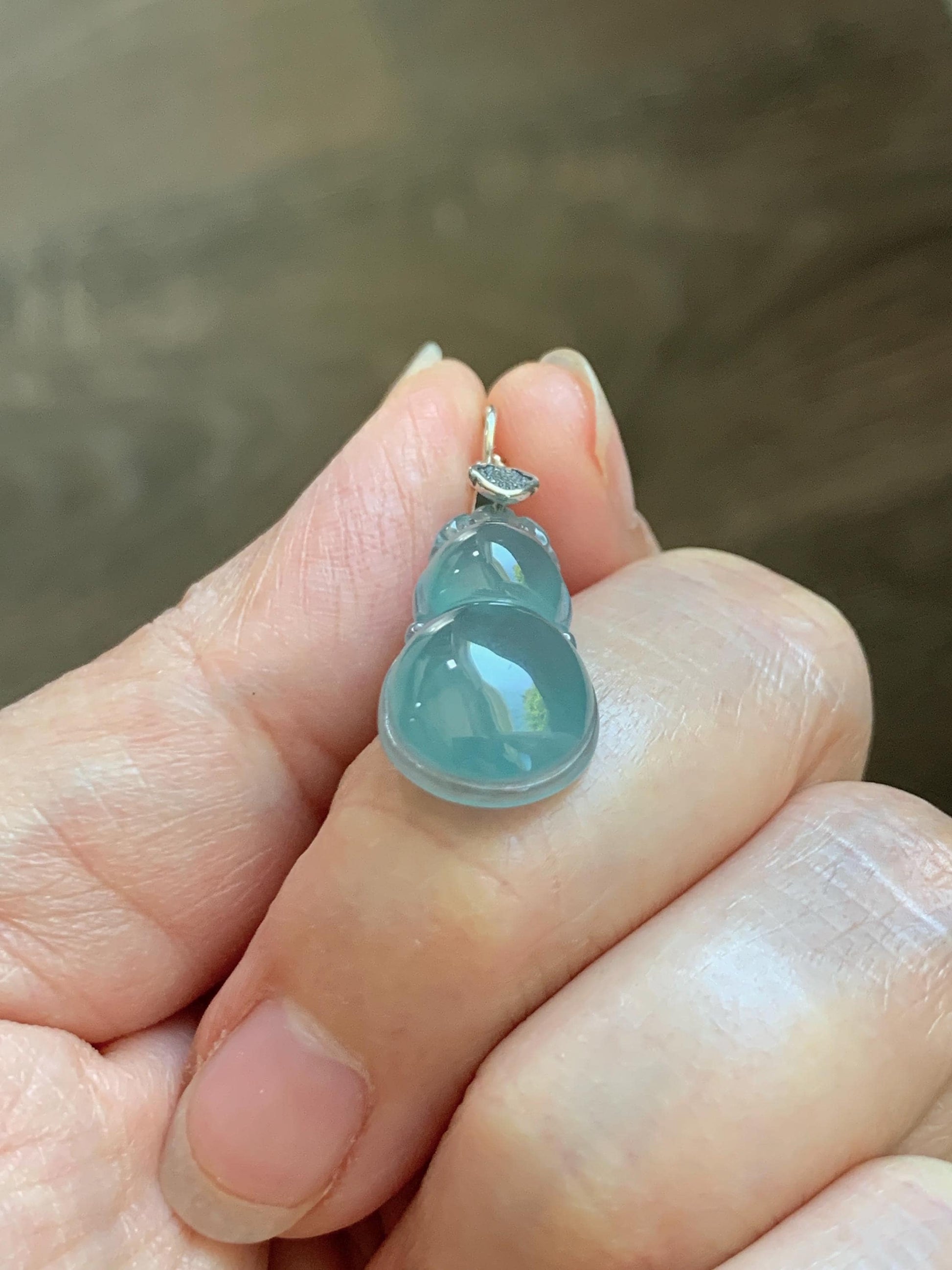 Natural Grade A Guatemalan Icy Translucent Teal Green Jade Jadeite Gourd Hulu Pendant Sterling Silver 2g 天然冰危蓝绿翡翠葫芦吊坠 WHL132A