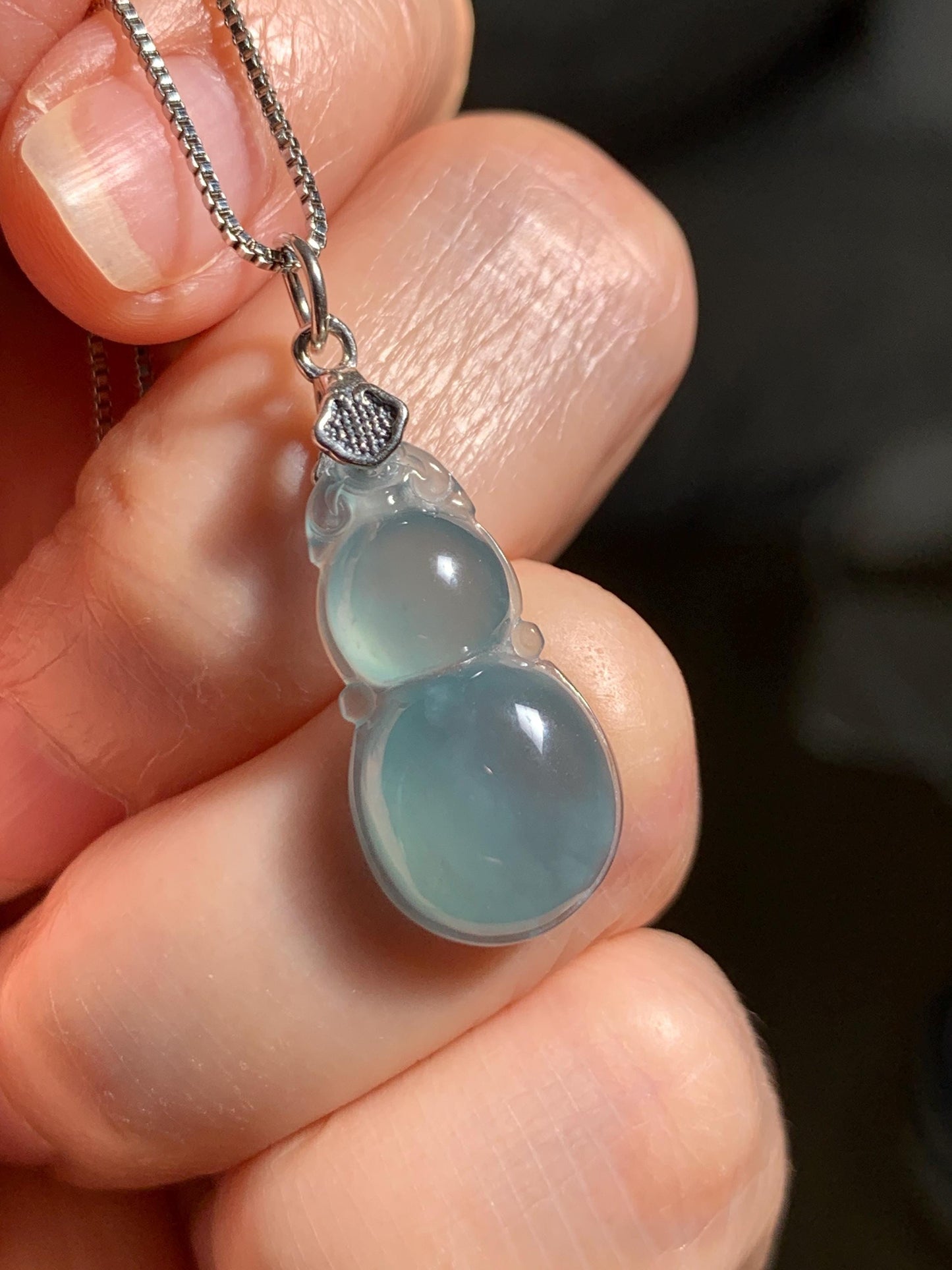 Natural Grade A Guatemalan Icy Translucent Teal Green Jade Jadeite Gourd Hulu Pendant Sterling Silver 2g 天然冰危蓝绿翡翠葫芦吊坠 WHL132A