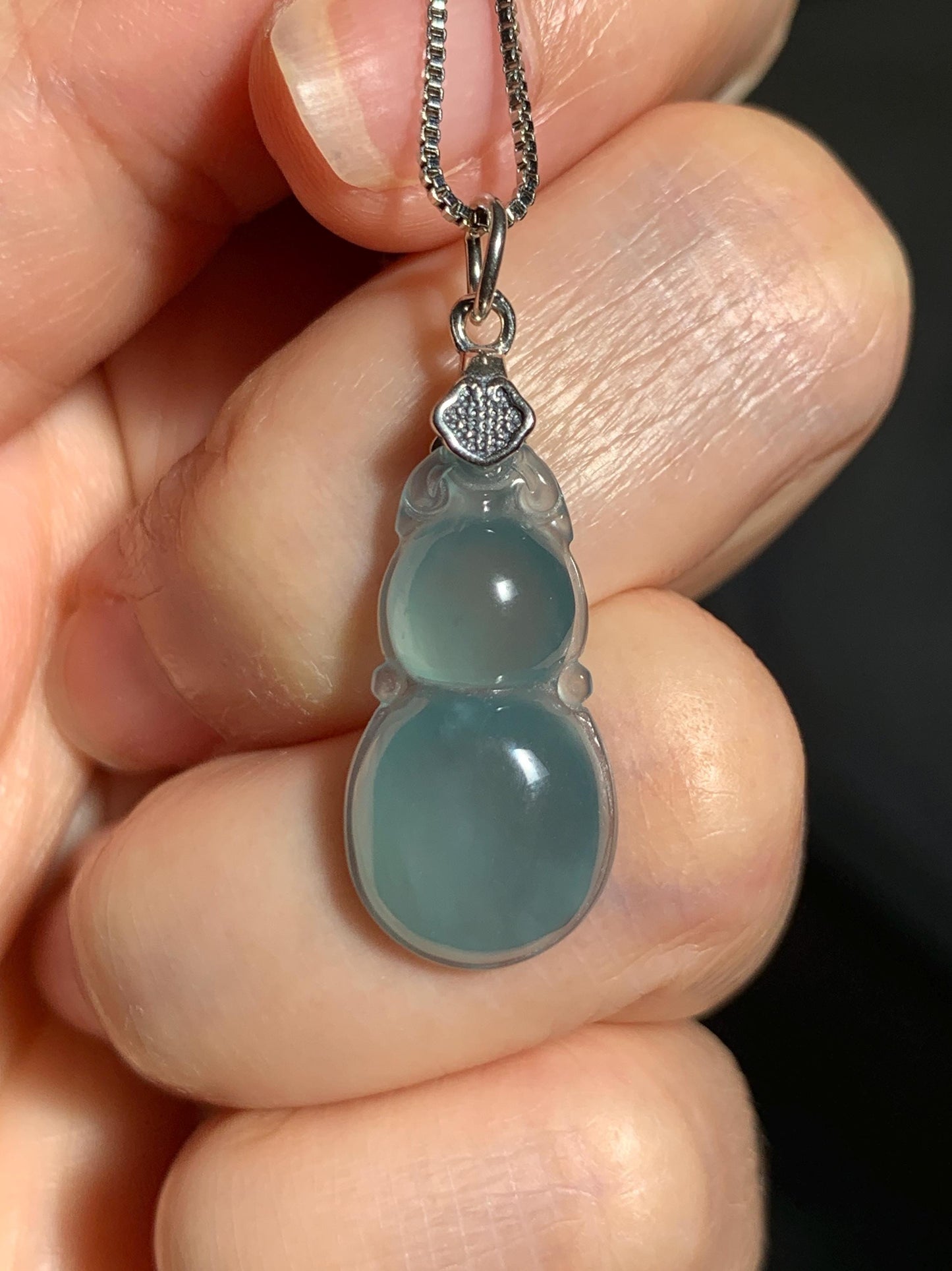 Natural Grade A Guatemalan Icy Translucent Teal Green Jade Jadeite Gourd Hulu Pendant Sterling Silver 2g 天然冰危蓝绿翡翠葫芦吊坠 WHL132A