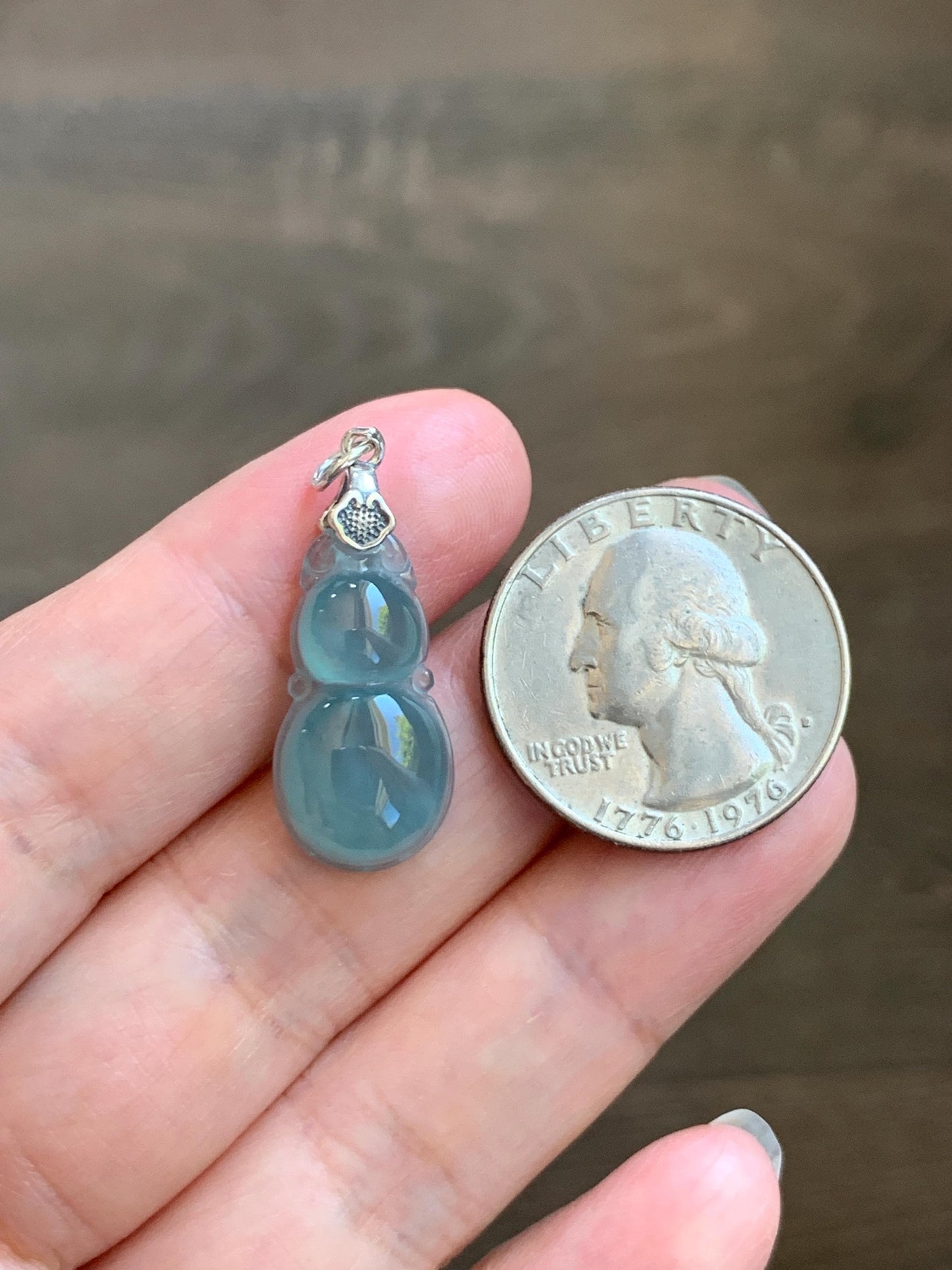 Natural Grade A Guatemalan Icy Translucent Teal Green Jade Jadeite Gourd Hulu Pendant Sterling Silver 2g 天然冰危蓝绿翡翠葫芦吊坠 WHL132A