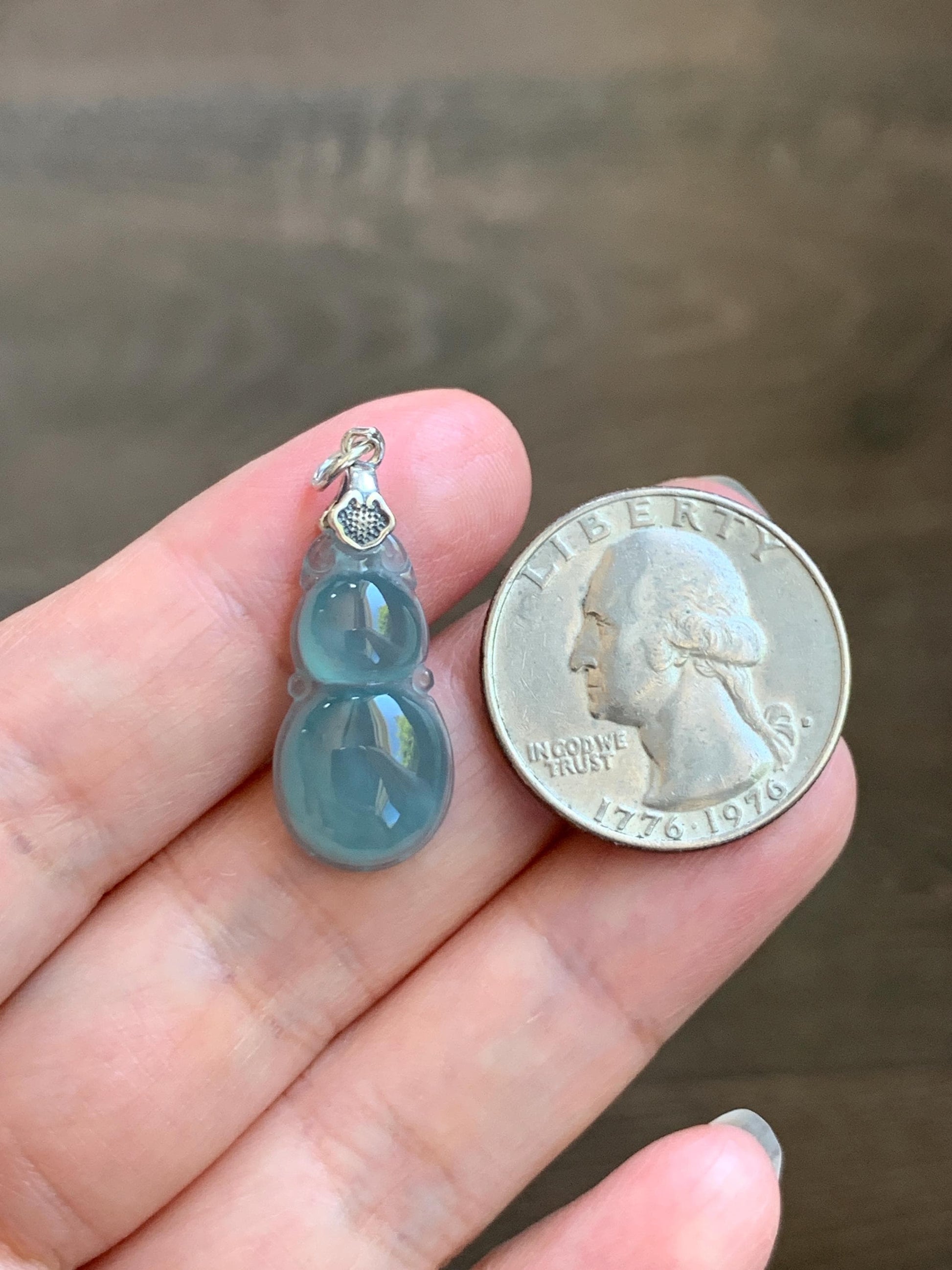 Natural Grade A Guatemalan Icy Translucent Teal Green Jade Jadeite Gourd Hulu Pendant Sterling Silver 2g 天然冰危蓝绿翡翠葫芦吊坠 WHL132A