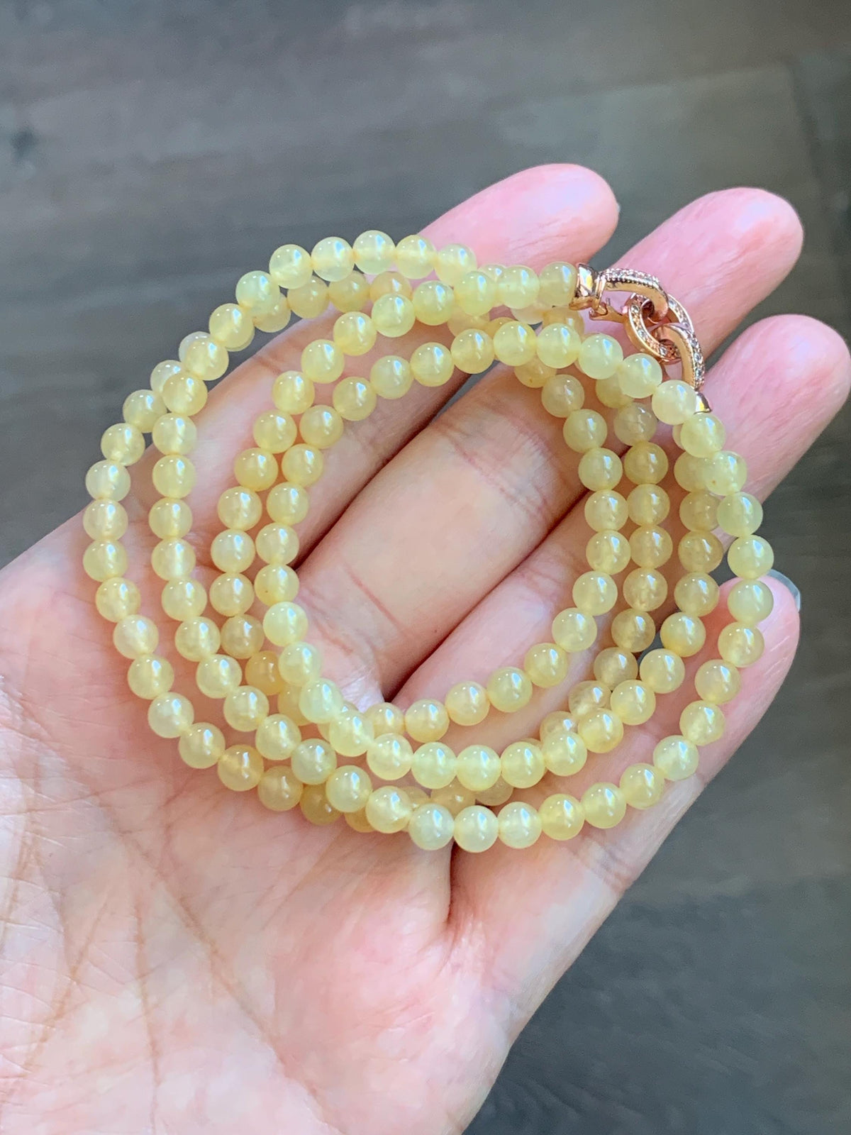 Natural Grade A Icy Translucent Light Yellow Jade Jadeite Petite Beads Beaded Necklace 4.4mm 25” 24g 天然冰黄翡翠小圆珠项链 MXH660B