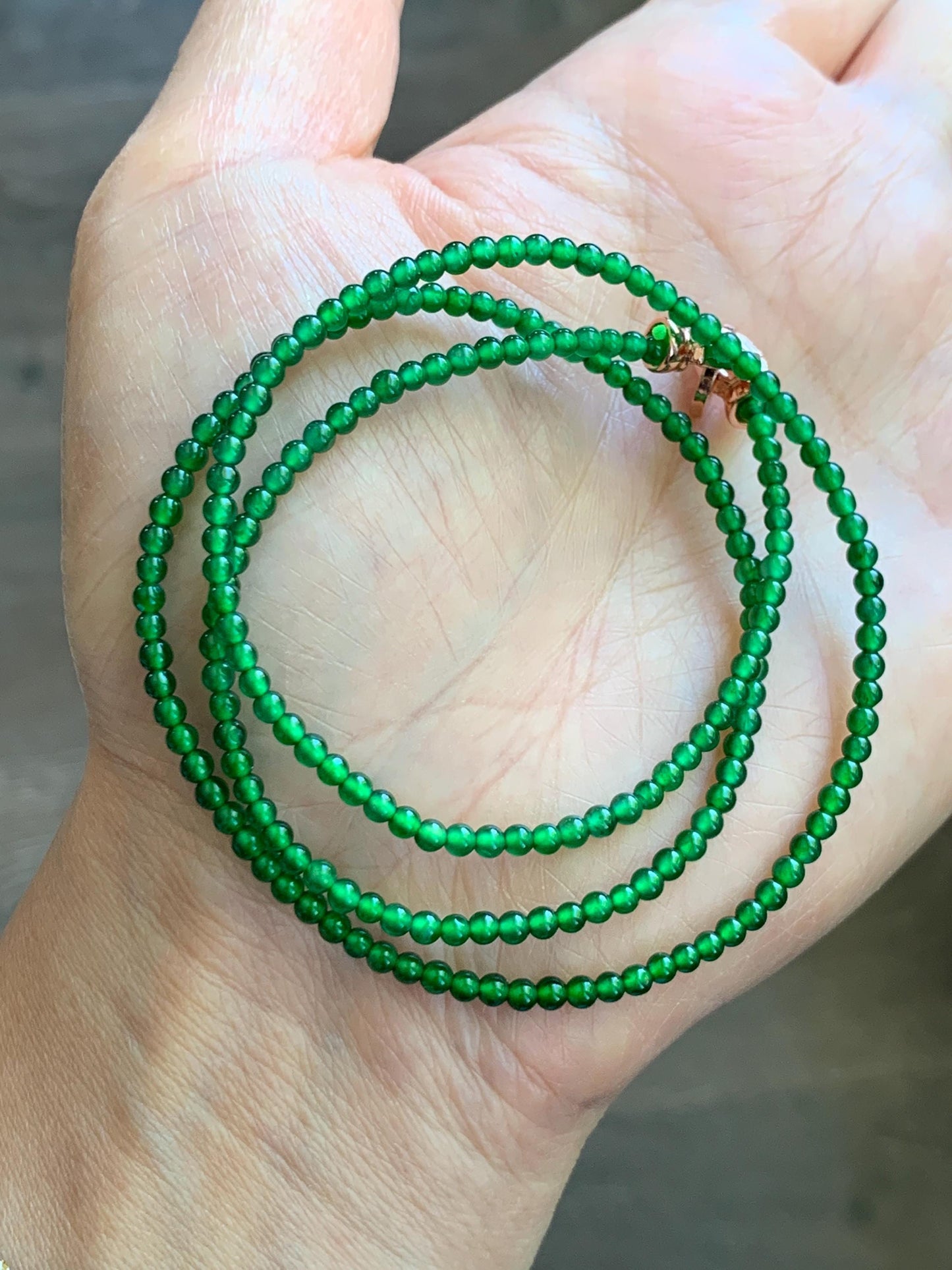 Natural Grade A Guatemalan Icy Vibrant Green Jade Jadeite Petite Beads Beaded Necklace Sterling Silver 2.3-2.6mm 19.75” 天然冰危绿翡翠小圆珠项链 WVL660B