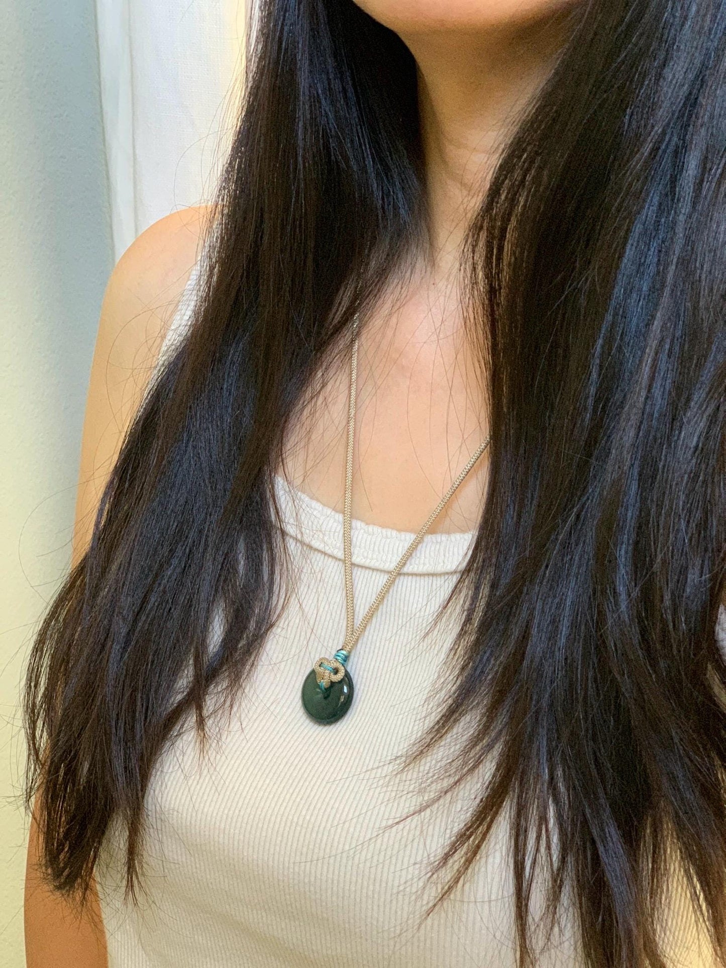 Certified Natural Grade A Guatemalan Icy Translucent Teal Blue Jade Jadeite Ping An Kou Donut Pendant Rope Necklace 24” 天然冰胶危蓝绿翡翠平安扣吊坠 444