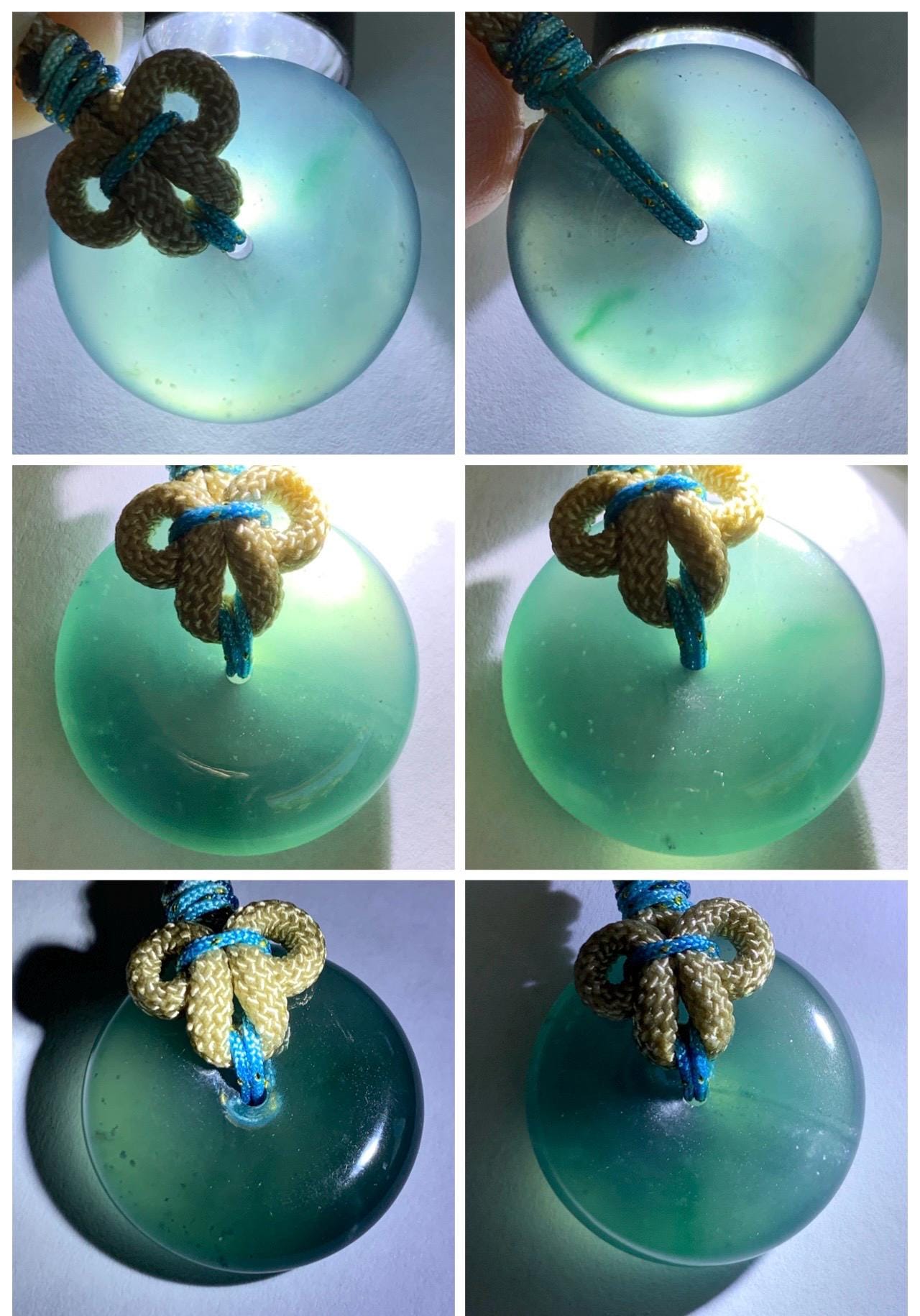 Certified Natural Grade A Guatemalan Icy Translucent Teal Blue Jade Jadeite Ping An Kou Donut Pendant Rope Necklace 24” 天然冰胶危蓝绿翡翠平安扣吊坠 444