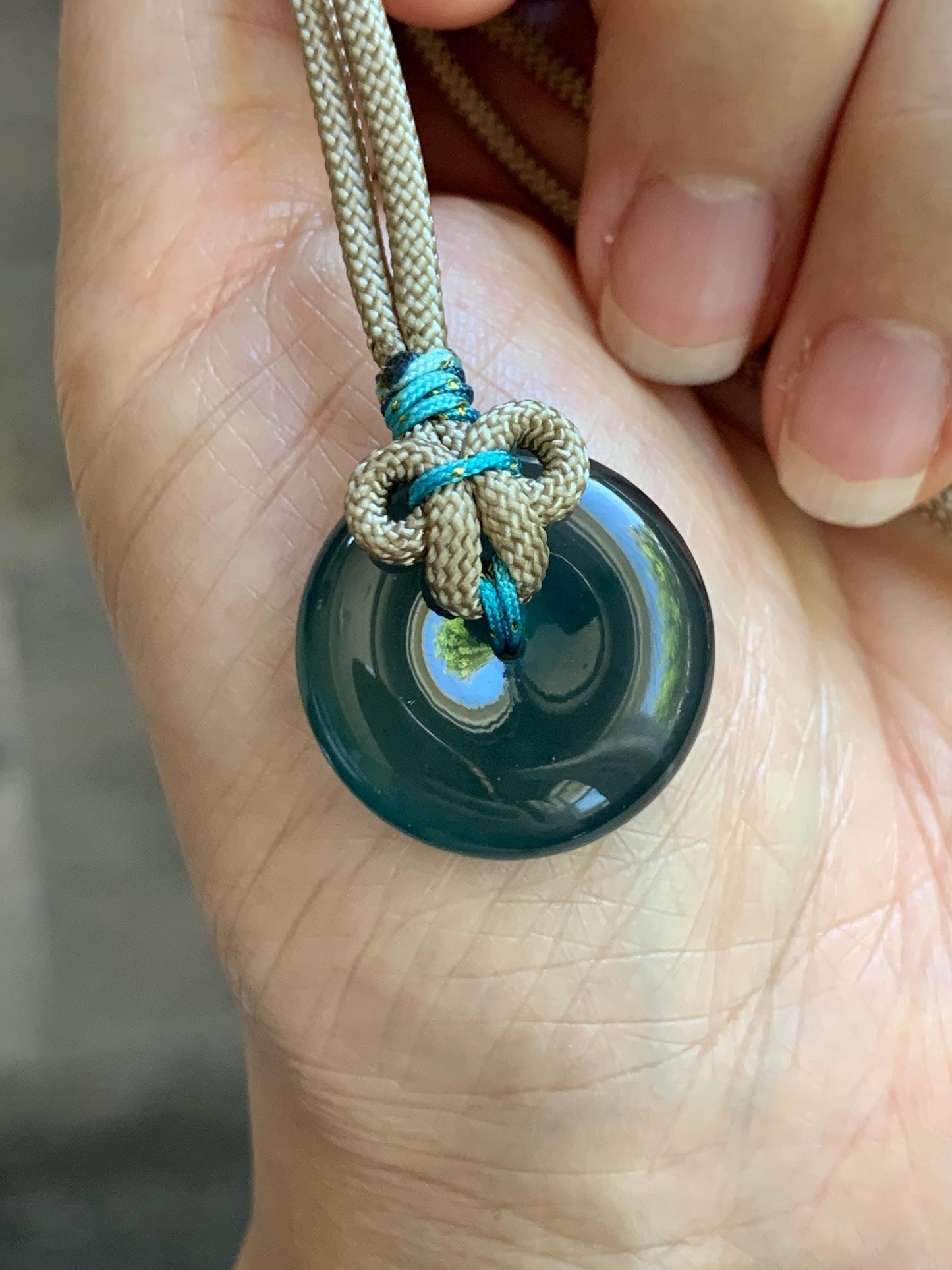 Certified Natural Grade A Guatemalan Icy Translucent Teal Blue Jade Jadeite Ping An Kou Donut Pendant Rope Necklace 24” 天然冰胶危蓝绿翡翠平安扣吊坠 444