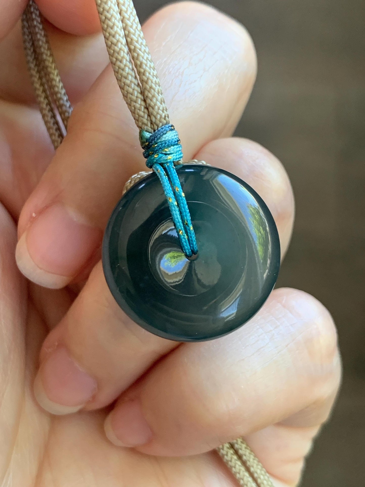 Certified Natural Grade A Guatemalan Icy Translucent Teal Blue Jade Jadeite Ping An Kou Donut Pendant Rope Necklace 24” 天然冰胶危蓝绿翡翠平安扣吊坠 444