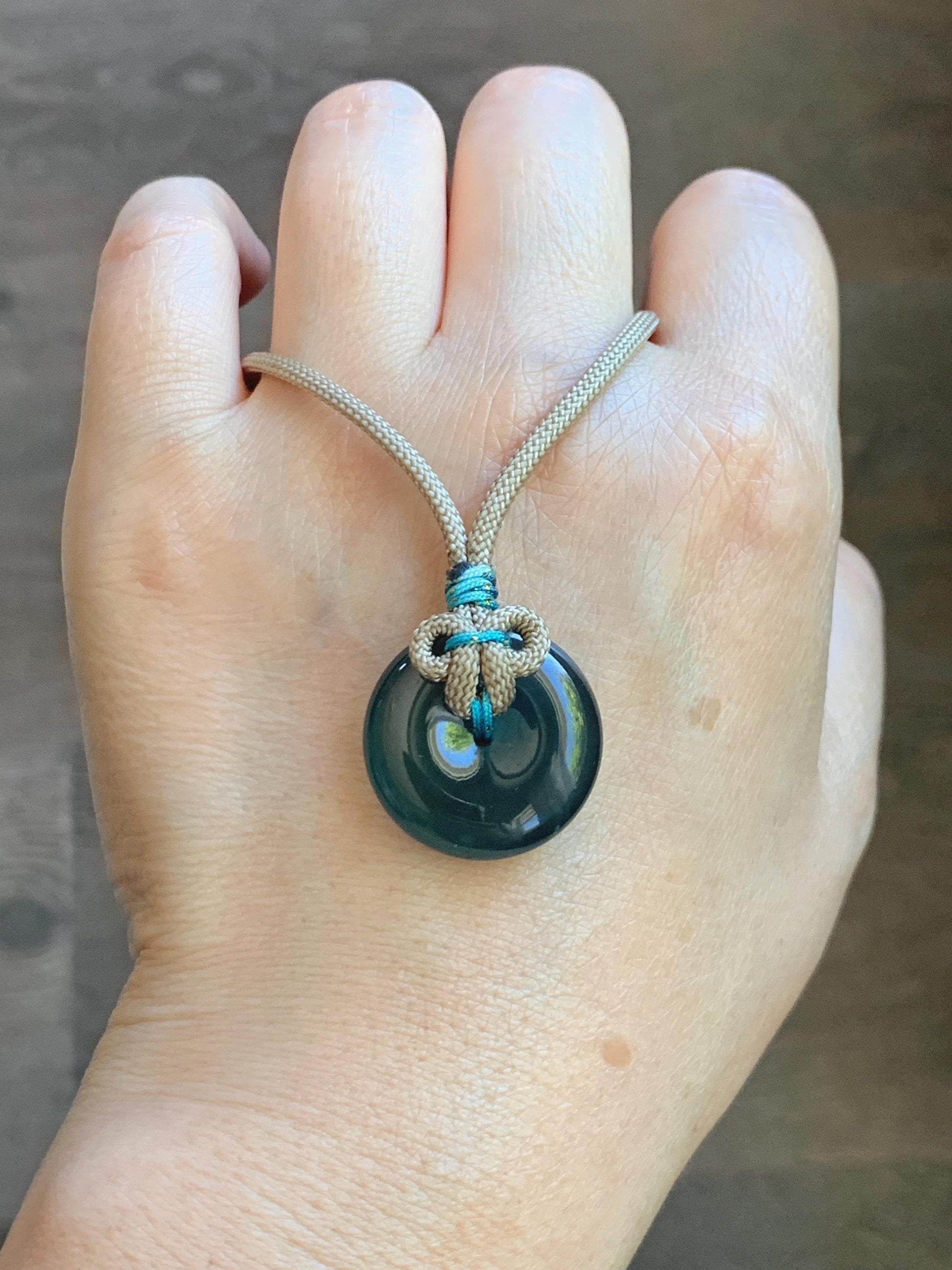 Certified Natural Grade A Guatemalan Icy Translucent Teal Blue Jade Jadeite Ping An Kou Donut Pendant Rope Necklace 24” 天然冰胶危蓝绿翡翠平安扣吊坠 444