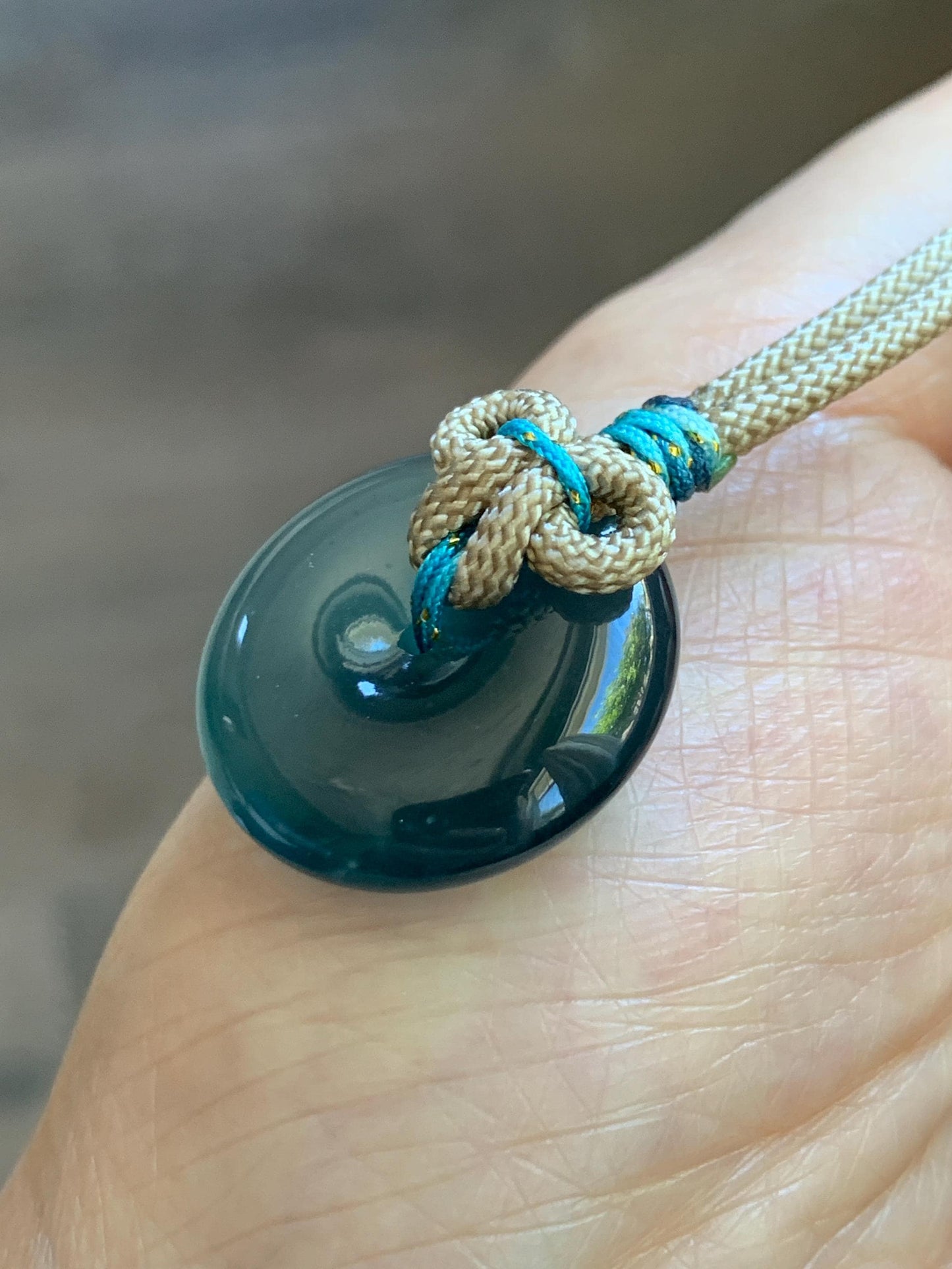 Certified Natural Grade A Guatemalan Icy Translucent Teal Blue Jade Jadeite Ping An Kou Donut Pendant Rope Necklace 24” 天然冰胶危蓝绿翡翠平安扣吊坠 444
