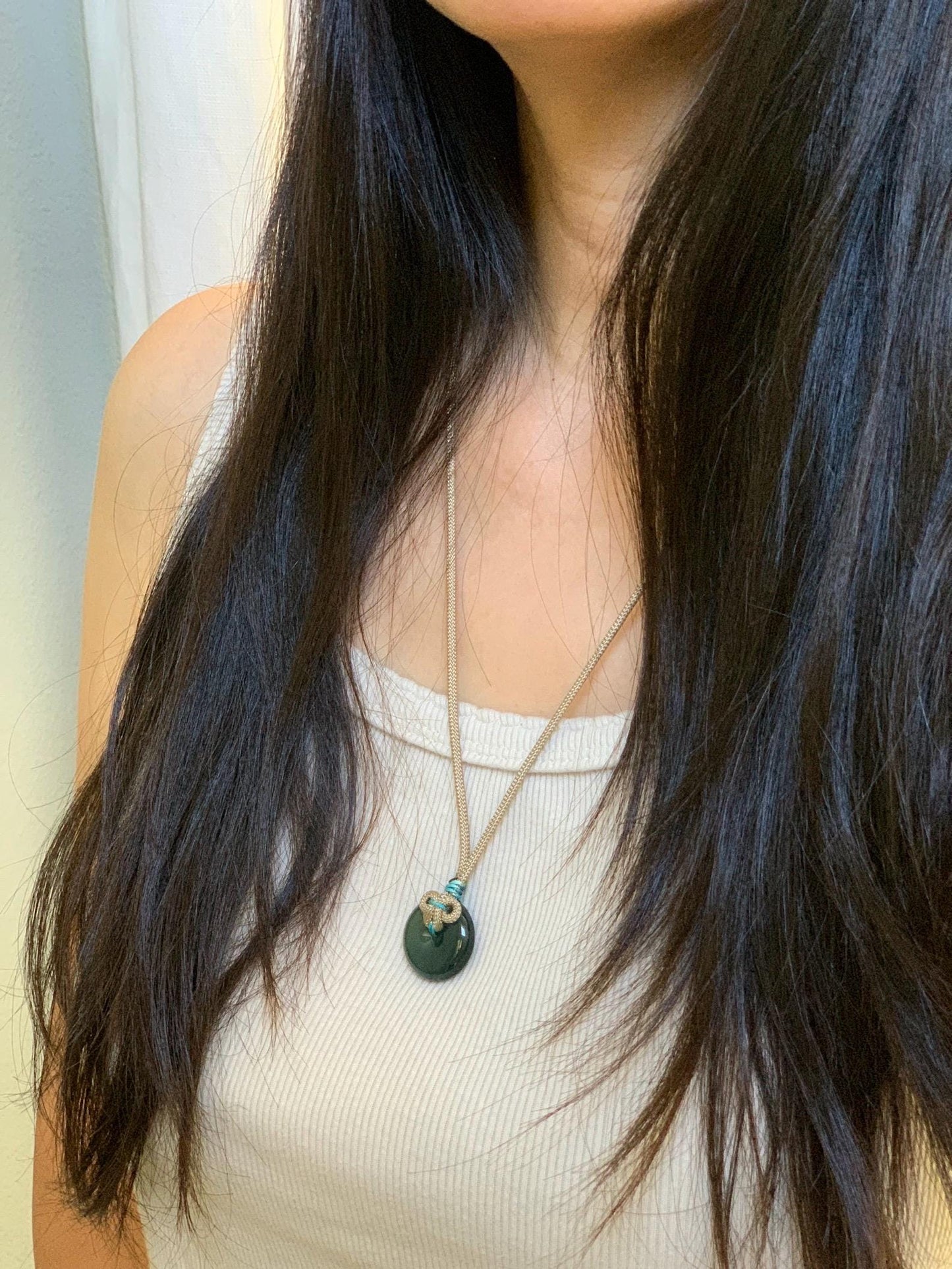 Certified Natural Grade A Guatemalan Icy Translucent Teal Blue Jade Jadeite Ping An Kou Donut Pendant Rope Necklace 24” 天然冰胶危蓝绿翡翠平安扣吊坠 444
