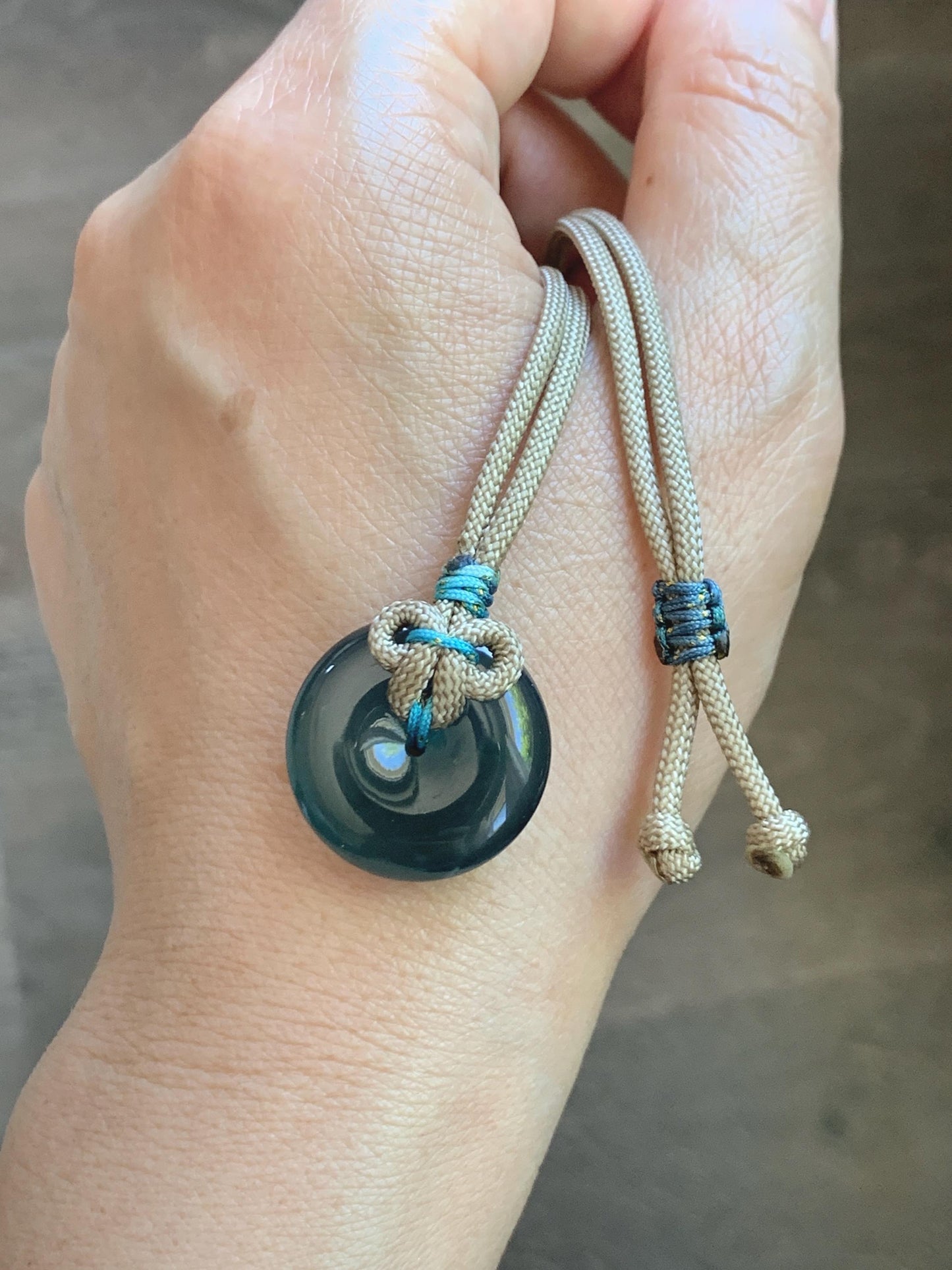 Certified Natural Grade A Guatemalan Icy Translucent Teal Blue Jade Jadeite Ping An Kou Donut Pendant Rope Necklace 24” 天然冰胶危蓝绿翡翠平安扣吊坠 444