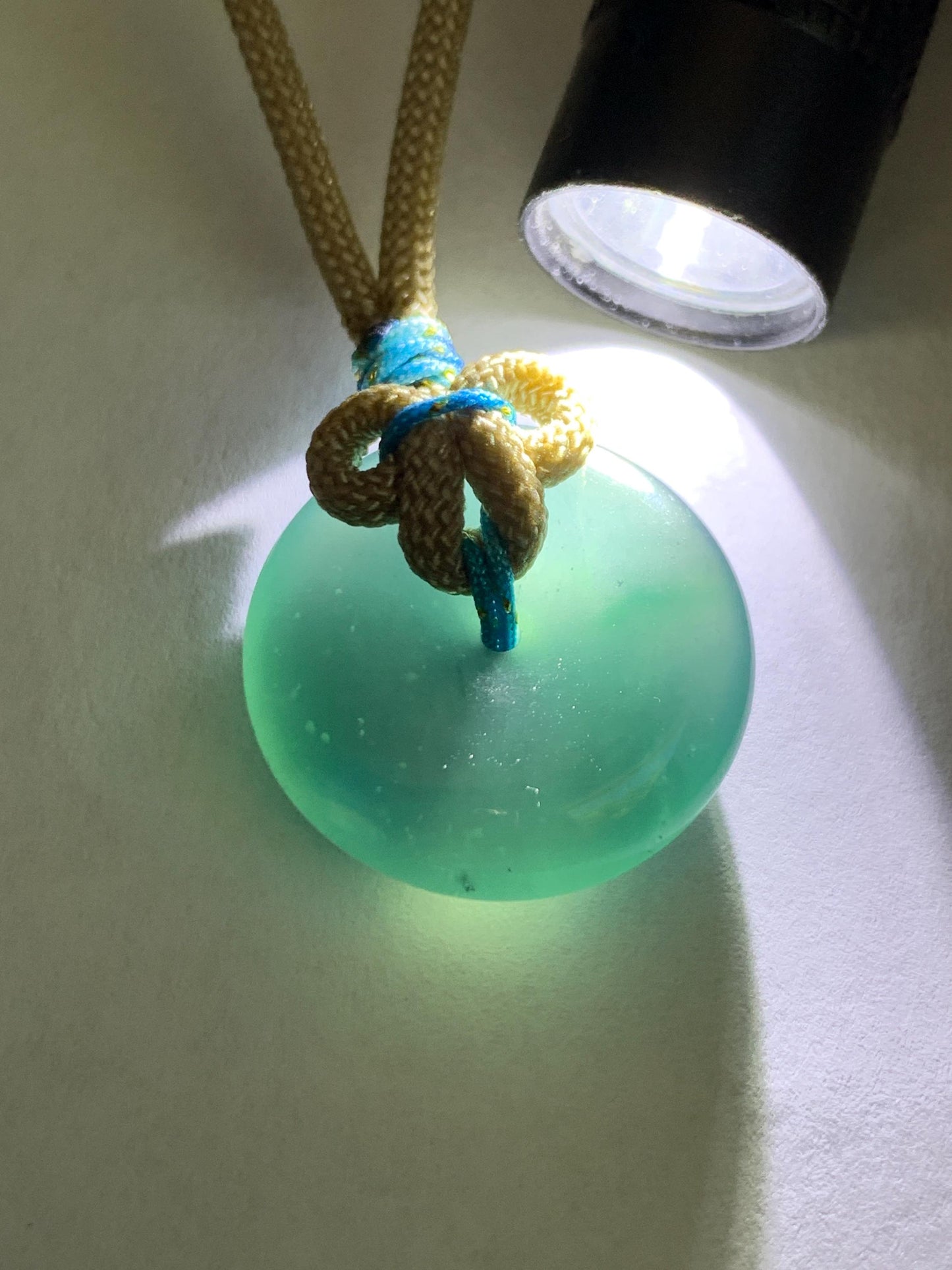 Certified Natural Grade A Guatemalan Icy Translucent Teal Blue Jade Jadeite Ping An Kou Donut Pendant Rope Necklace 24” 天然冰胶危蓝绿翡翠平安扣吊坠 444