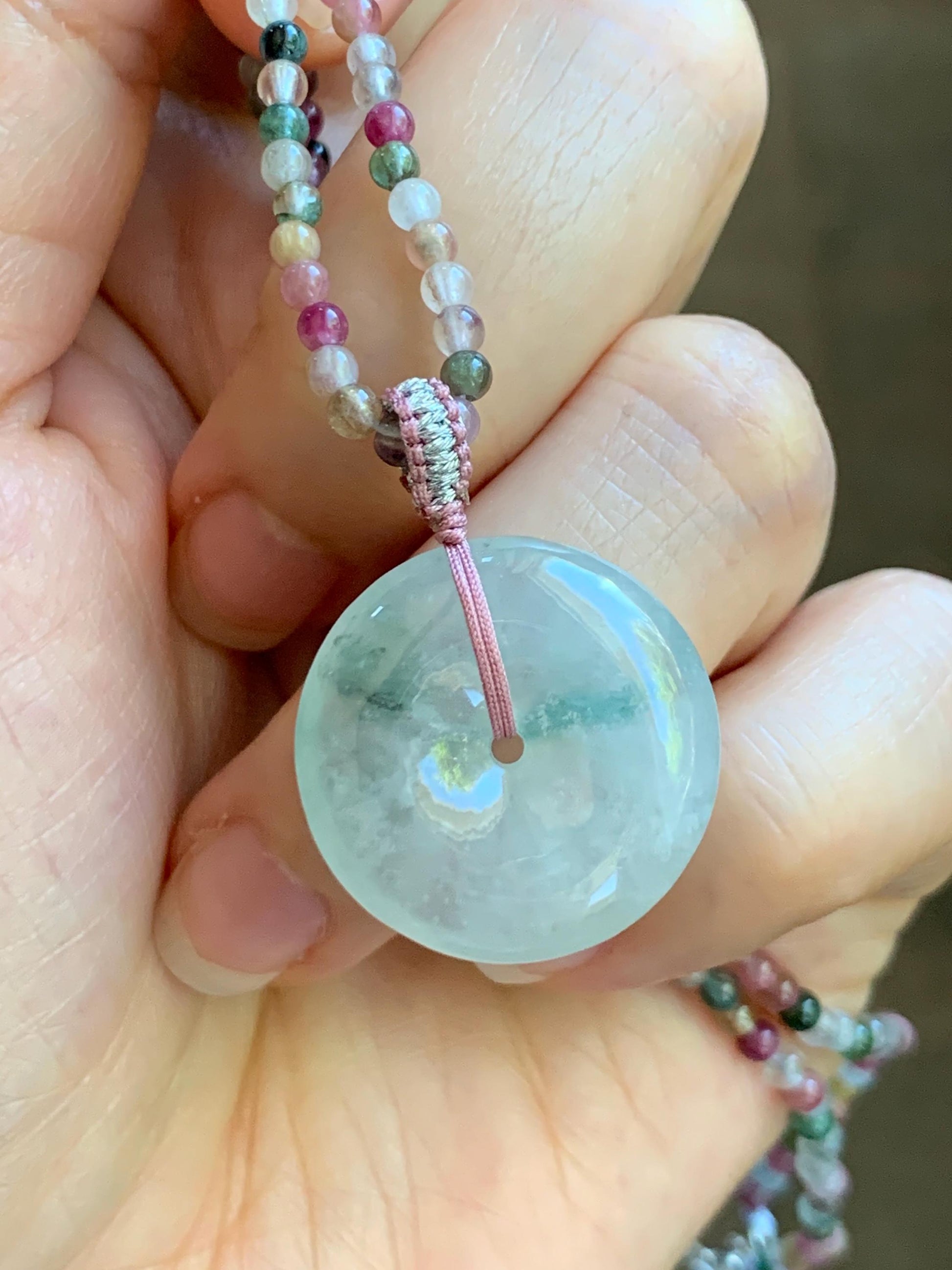 Certified Grade A Natural Icy White Jade Jadeite Ping An Kou Donut Pendant Natural Tourmaline Beaded Necklace 16”-17” 天然正白冰飘花翡翠平安扣吊坠碧玺项链 254