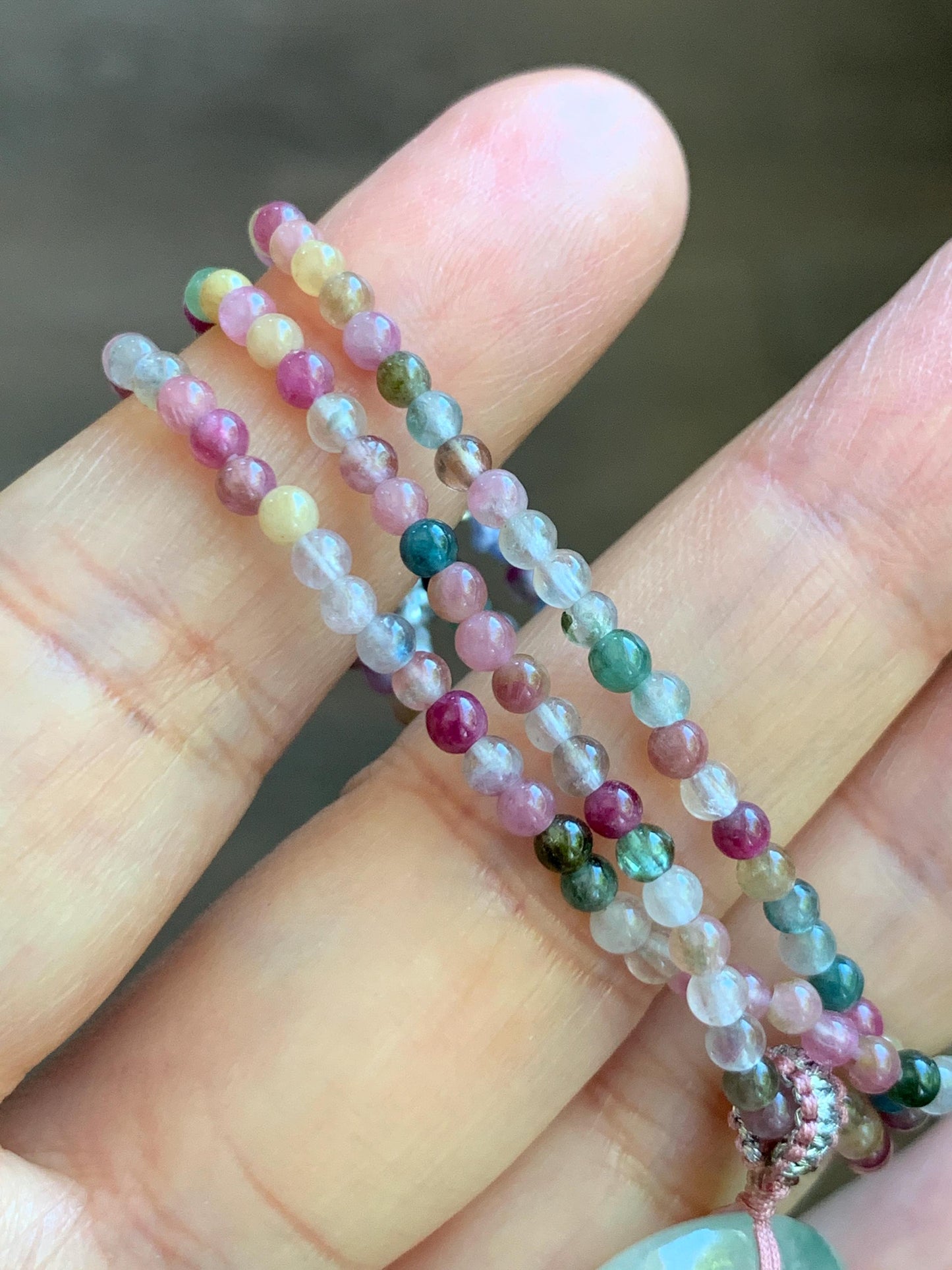 Certified Grade A Natural Icy White Jade Jadeite Ping An Kou Donut Pendant Natural Tourmaline Beaded Necklace 16”-17” 天然正白冰飘花翡翠平安扣吊坠碧玺项链 254