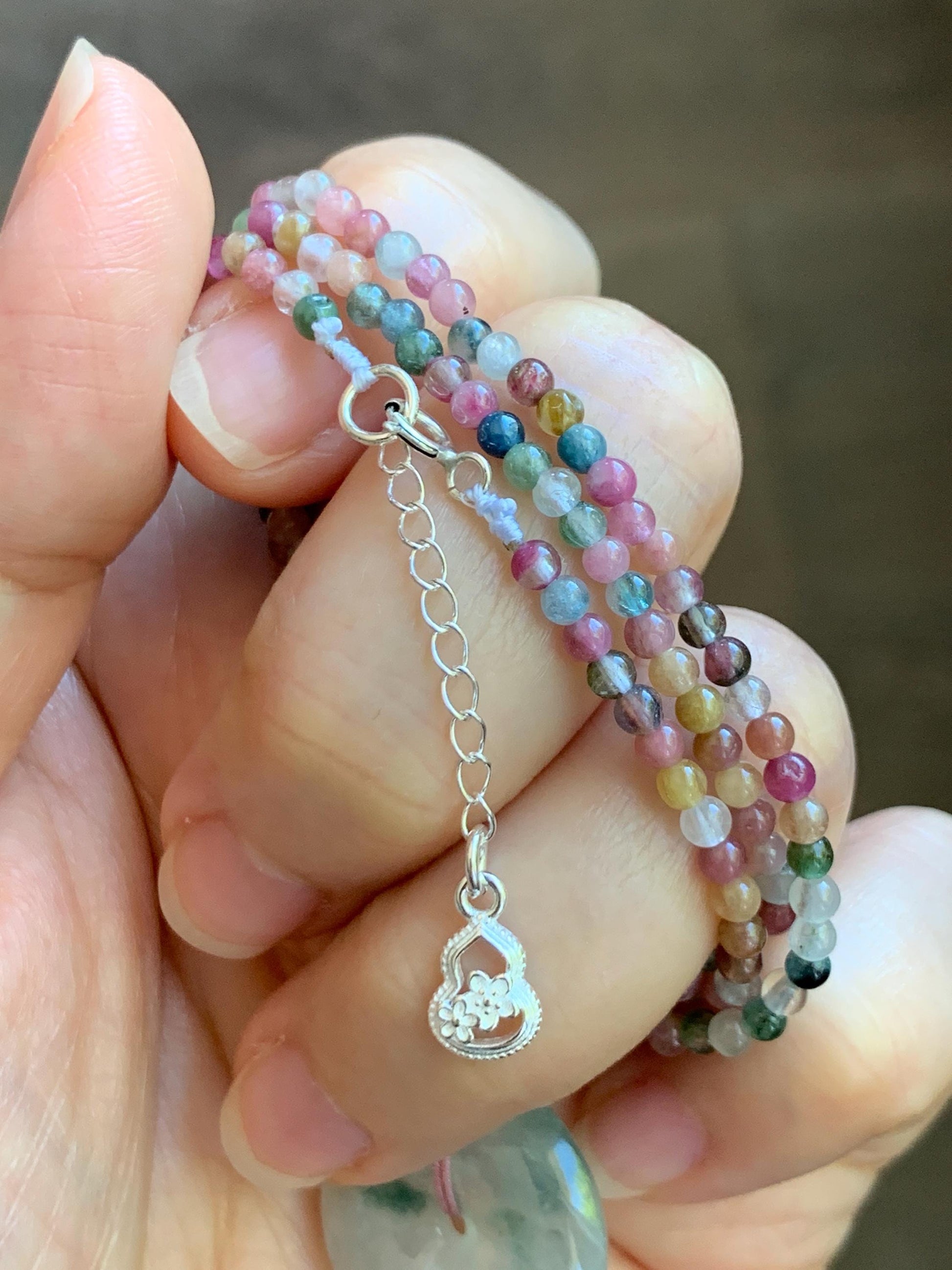 Certified Grade A Natural Icy White Jade Jadeite Ping An Kou Donut Pendant Natural Tourmaline Beaded Necklace 16”-17” 天然正白冰飘花翡翠平安扣吊坠碧玺项链 254