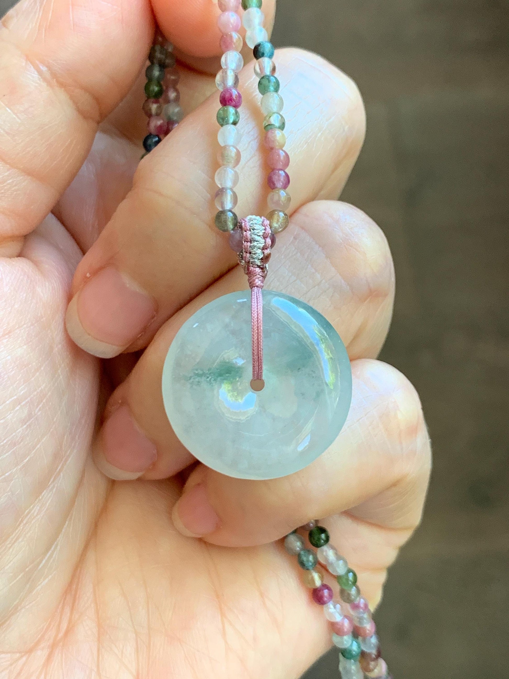 Certified Grade A Natural Icy White Jade Jadeite Ping An Kou Donut Pendant Natural Tourmaline Beaded Necklace 16”-17” 天然正白冰飘花翡翠平安扣吊坠碧玺项链 254