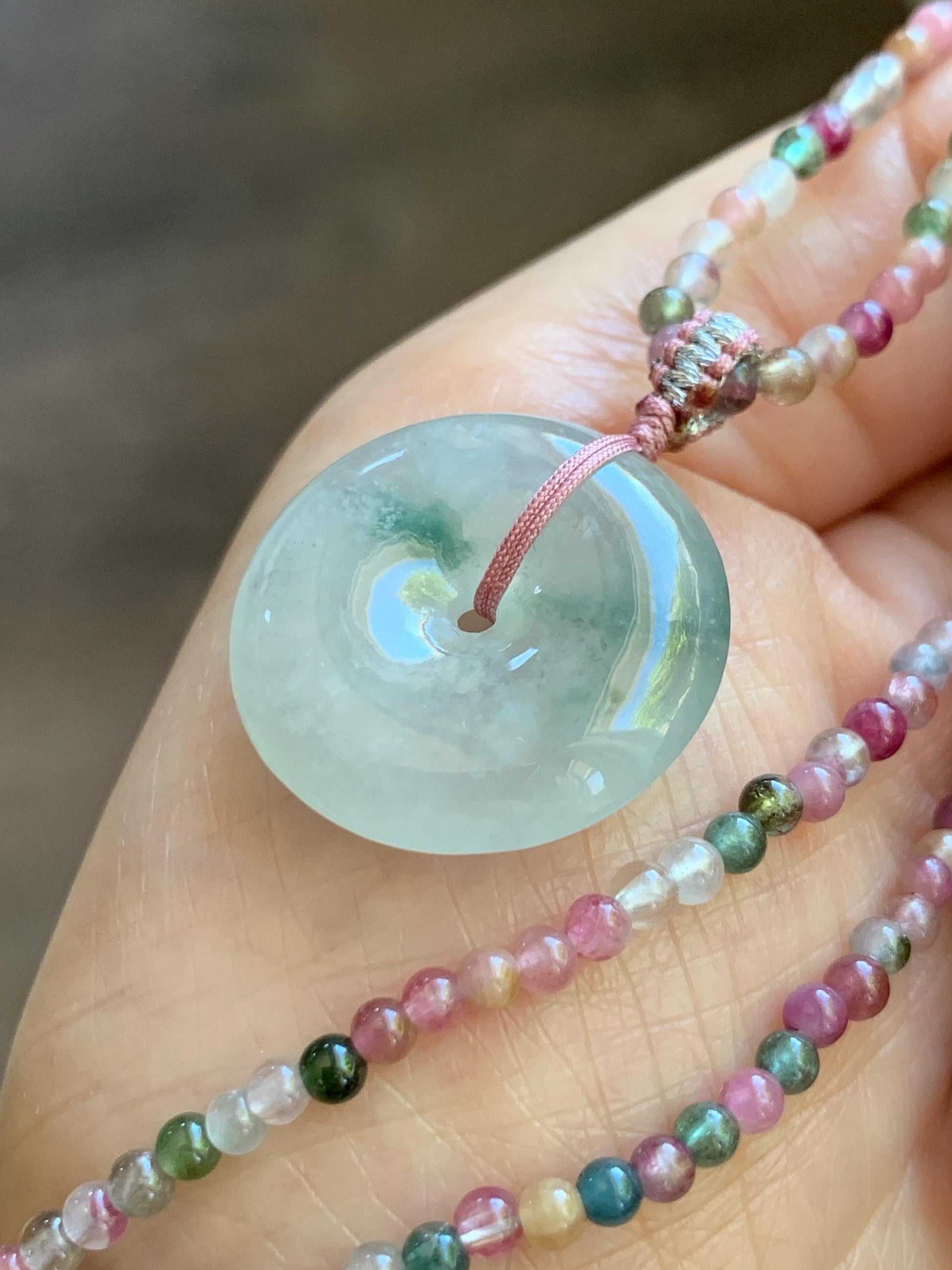 Certified Grade A Natural Icy White Jade Jadeite Ping An Kou Donut Pendant Natural Tourmaline Beaded Necklace 16”-17” 天然正白冰飘花翡翠平安扣吊坠碧玺项链 254
