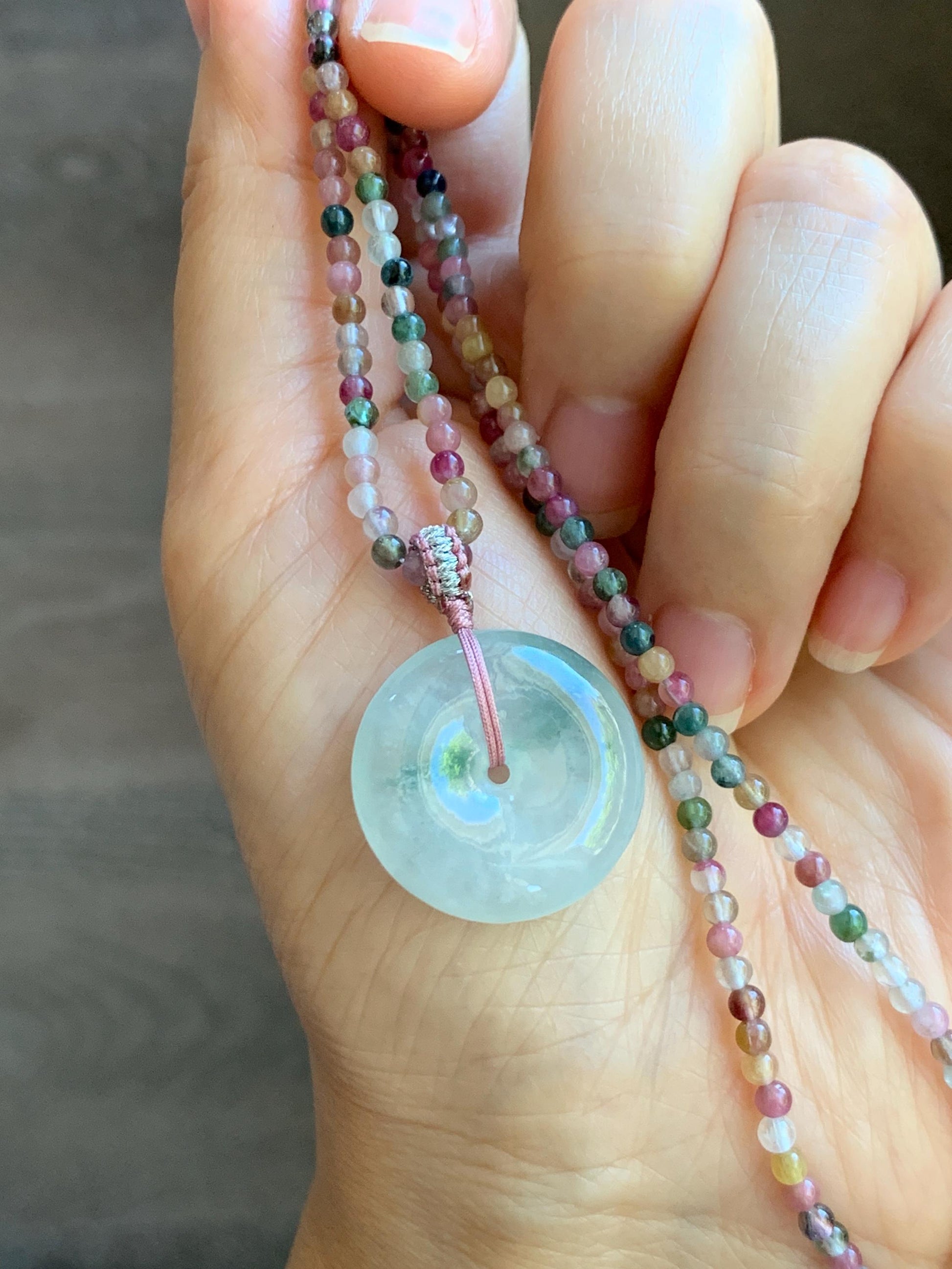 Certified Grade A Natural Icy White Jade Jadeite Ping An Kou Donut Pendant Natural Tourmaline Beaded Necklace 16”-17” 天然正白冰飘花翡翠平安扣吊坠碧玺项链 254