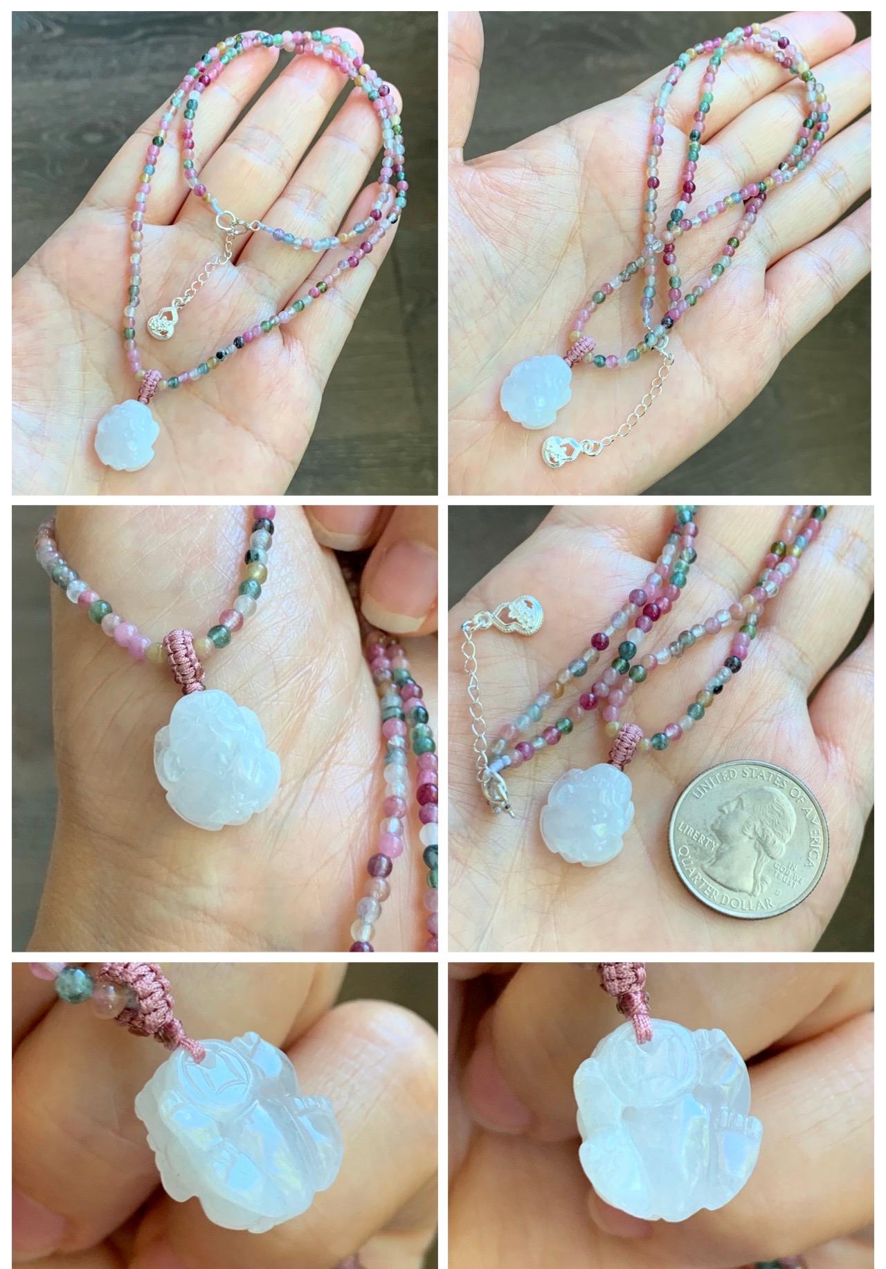 Grade A Natural Icy White Jade Jadeite Petite Pixiu Pendant Natural Multicolored Tourmaline Beaded Necklace 16”-17” 8g 天然白冰翡翠貔貅吊坠碧玺项链 MPB200
