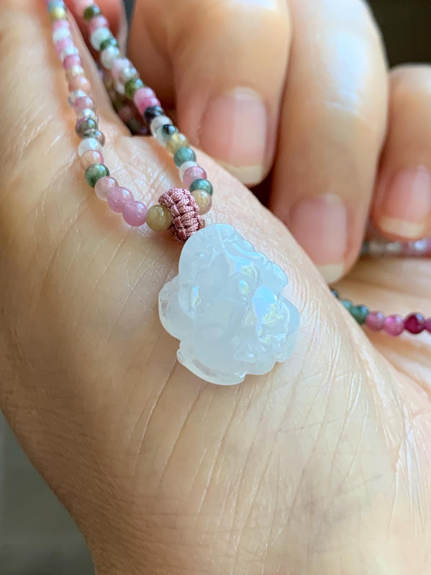 Grade A Natural Icy White Jade Jadeite Petite Pixiu Pendant Natural Multicolored Tourmaline Beaded Necklace 16”-17” 8g 天然白冰翡翠貔貅吊坠碧玺项链 MPB200