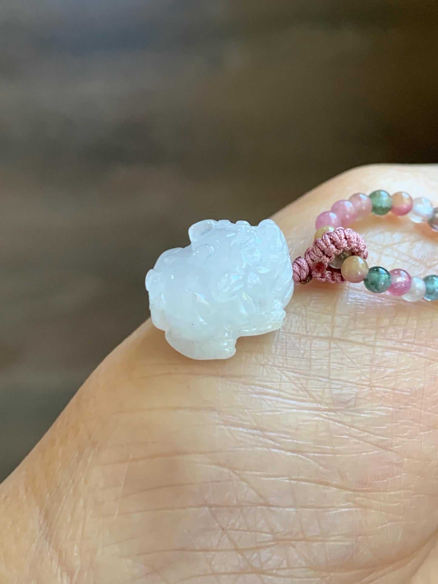 Grade A Natural Icy White Jade Jadeite Petite Pixiu Pendant Natural Multicolored Tourmaline Beaded Necklace 16”-17” 8g 天然白冰翡翠貔貅吊坠碧玺项链 MPB200