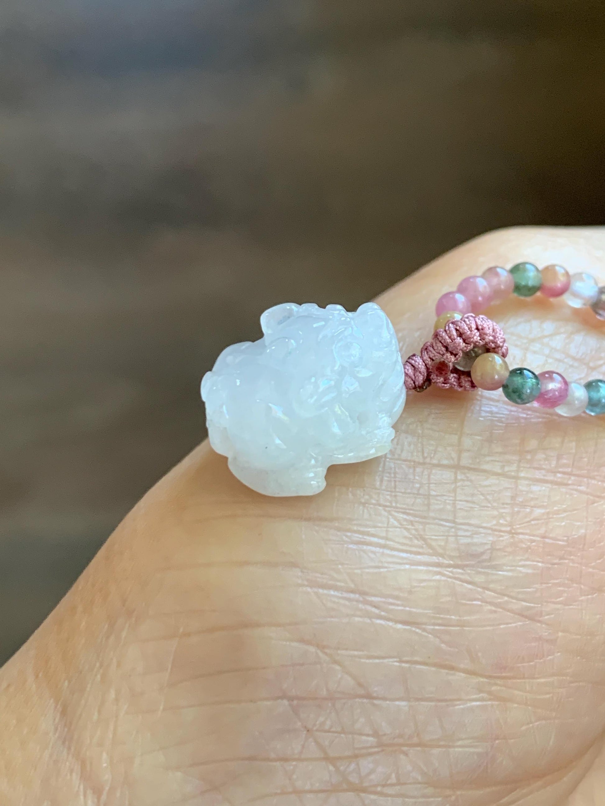 Grade A Natural Icy White Jade Jadeite Petite Pixiu Pendant Natural Multicolored Tourmaline Beaded Necklace 16”-17” 8g 天然白冰翡翠貔貅吊坠碧玺项链 MPB200