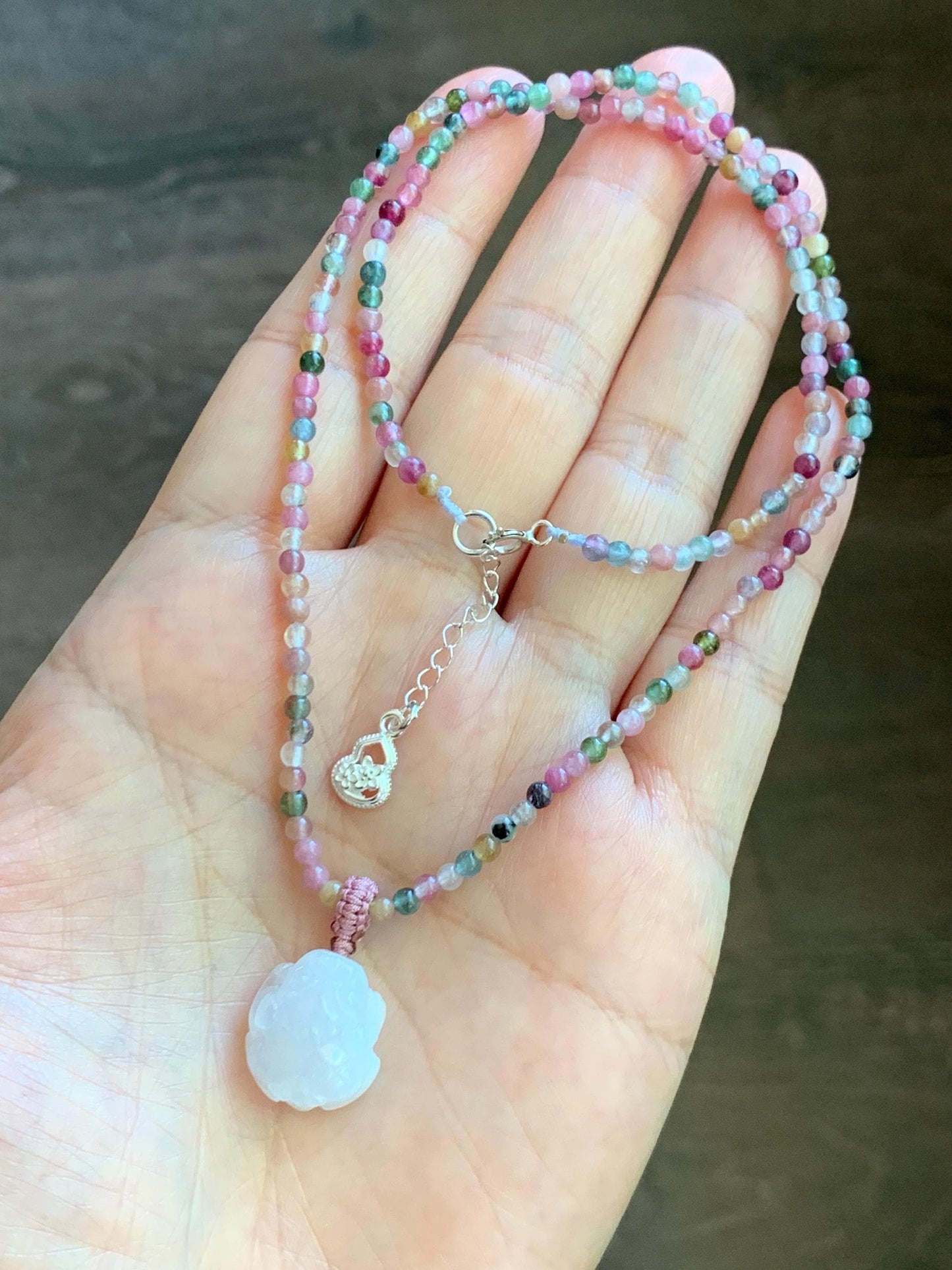 Grade A Natural Icy White Jade Jadeite Petite Pixiu Pendant Natural Multicolored Tourmaline Beaded Necklace 16”-17” 8g 天然白冰翡翠貔貅吊坠碧玺项链 MPB200