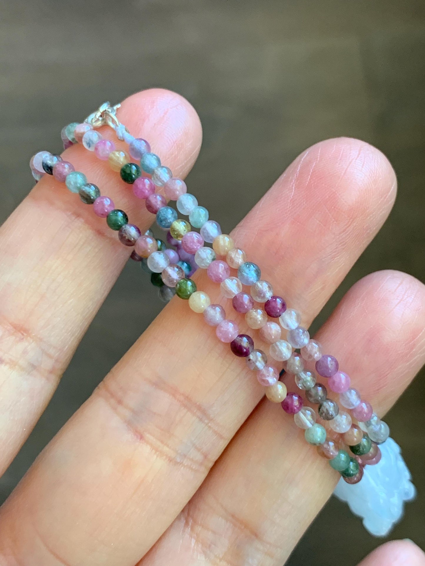 Grade A Natural Icy White Jade Jadeite Petite Pixiu Pendant Natural Multicolored Tourmaline Beaded Necklace 16”-17” 8g 天然白冰翡翠貔貅吊坠碧玺项链 MPB200