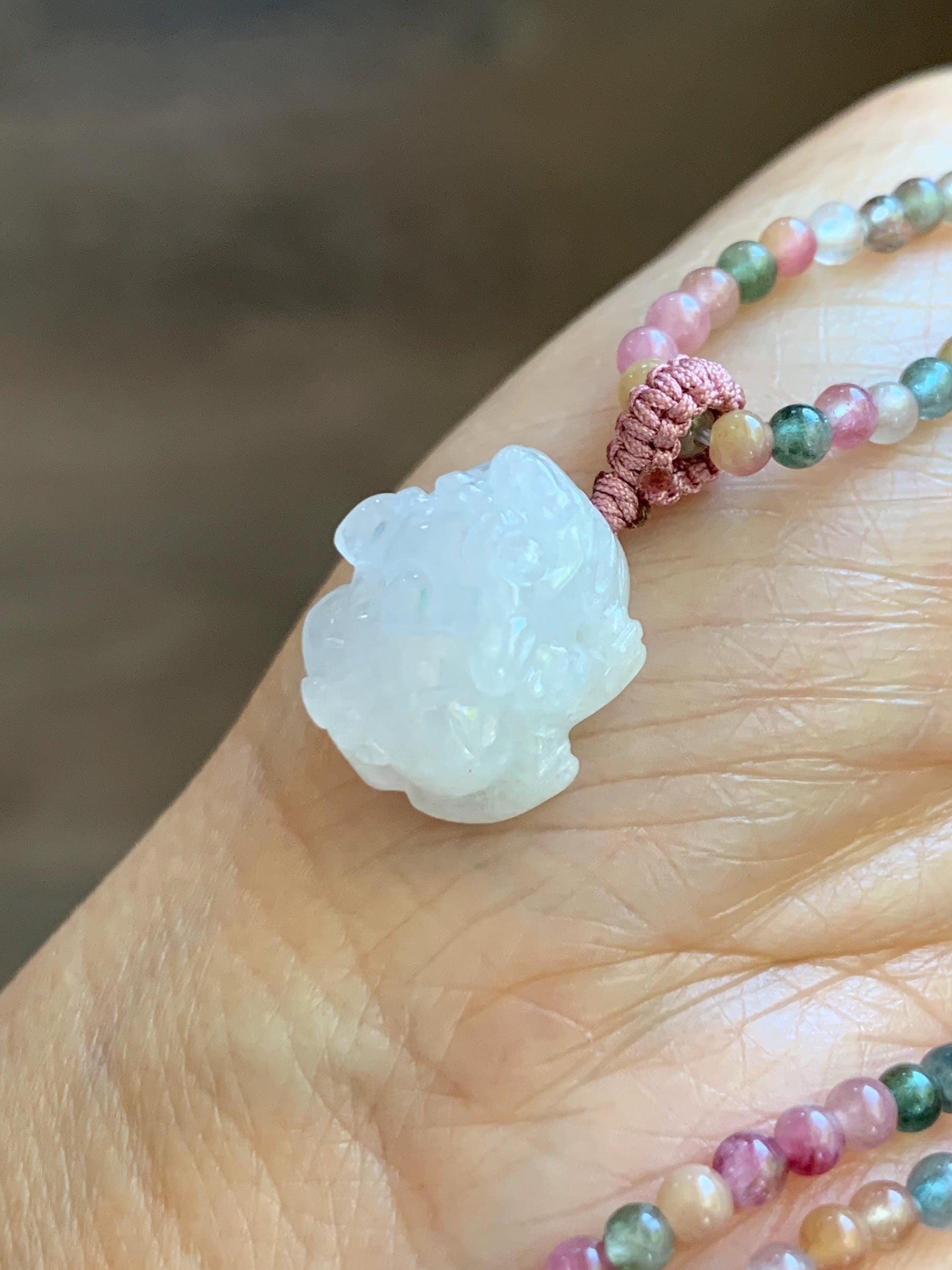 Grade A Natural Icy White Jade Jadeite Petite Pixiu Pendant Natural Multicolored Tourmaline Beaded Necklace 16”-17” 8g 天然白冰翡翠貔貅吊坠碧玺项链 MPB200