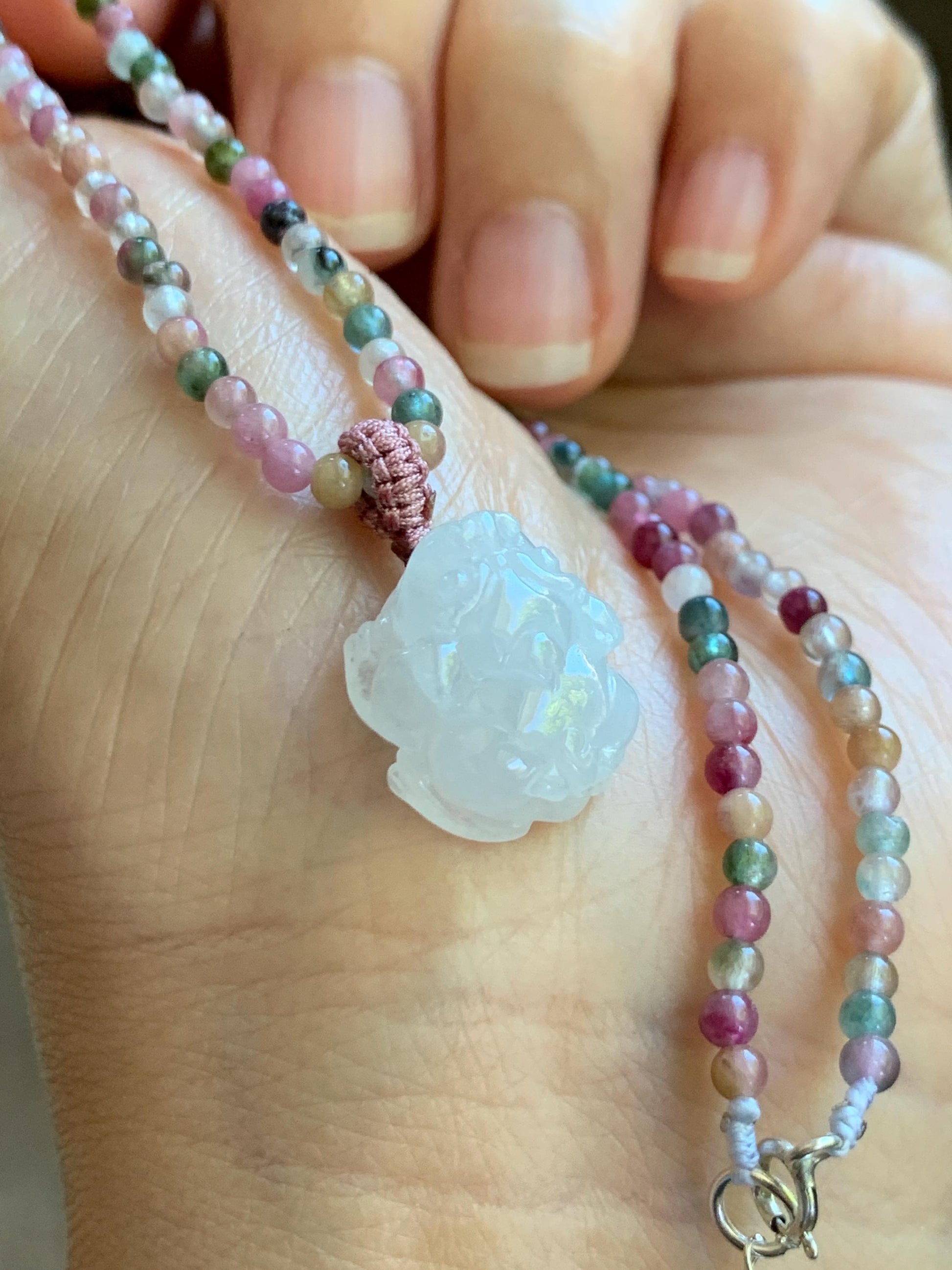 Grade A Natural Icy White Jade Jadeite Petite Pixiu Pendant Natural Multicolored Tourmaline Beaded Necklace 16”-17” 8g 天然白冰翡翠貔貅吊坠碧玺项链 MPB200