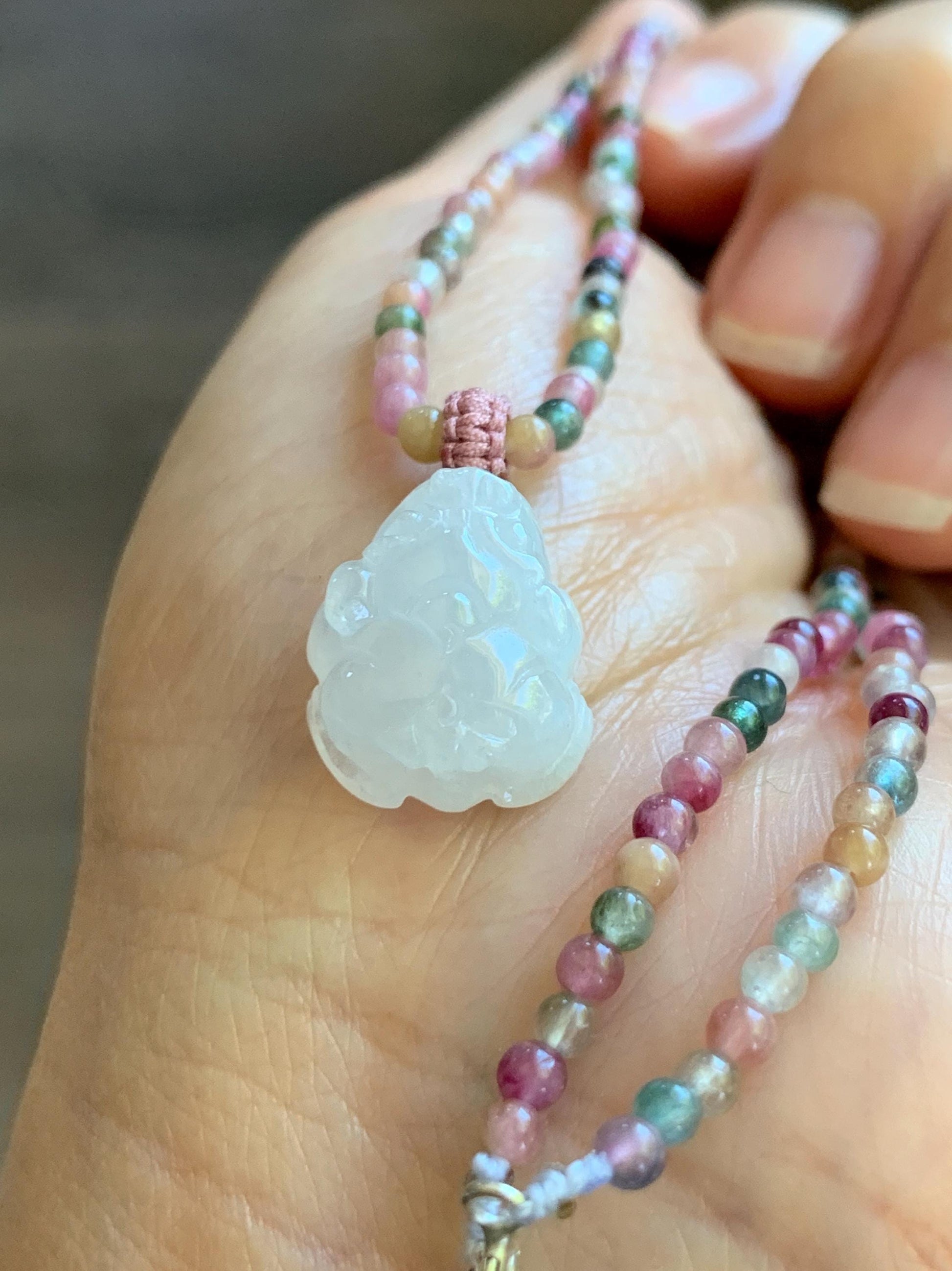 Grade A Natural Icy White Jade Jadeite Petite Pixiu Pendant Natural Multicolored Tourmaline Beaded Necklace 16”-17” 8g 天然白冰翡翠貔貅吊坠碧玺项链 MPB200
