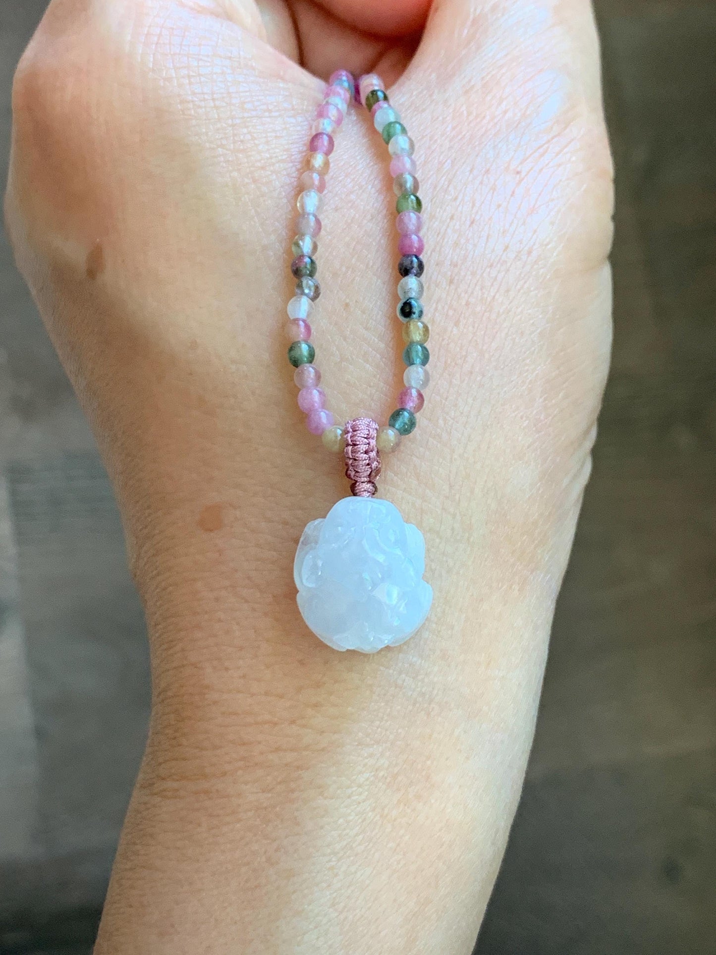 Grade A Natural Icy White Jade Jadeite Petite Pixiu Pendant Natural Multicolored Tourmaline Beaded Necklace 16”-17” 8g 天然白冰翡翠貔貅吊坠碧玺项链 MPB200