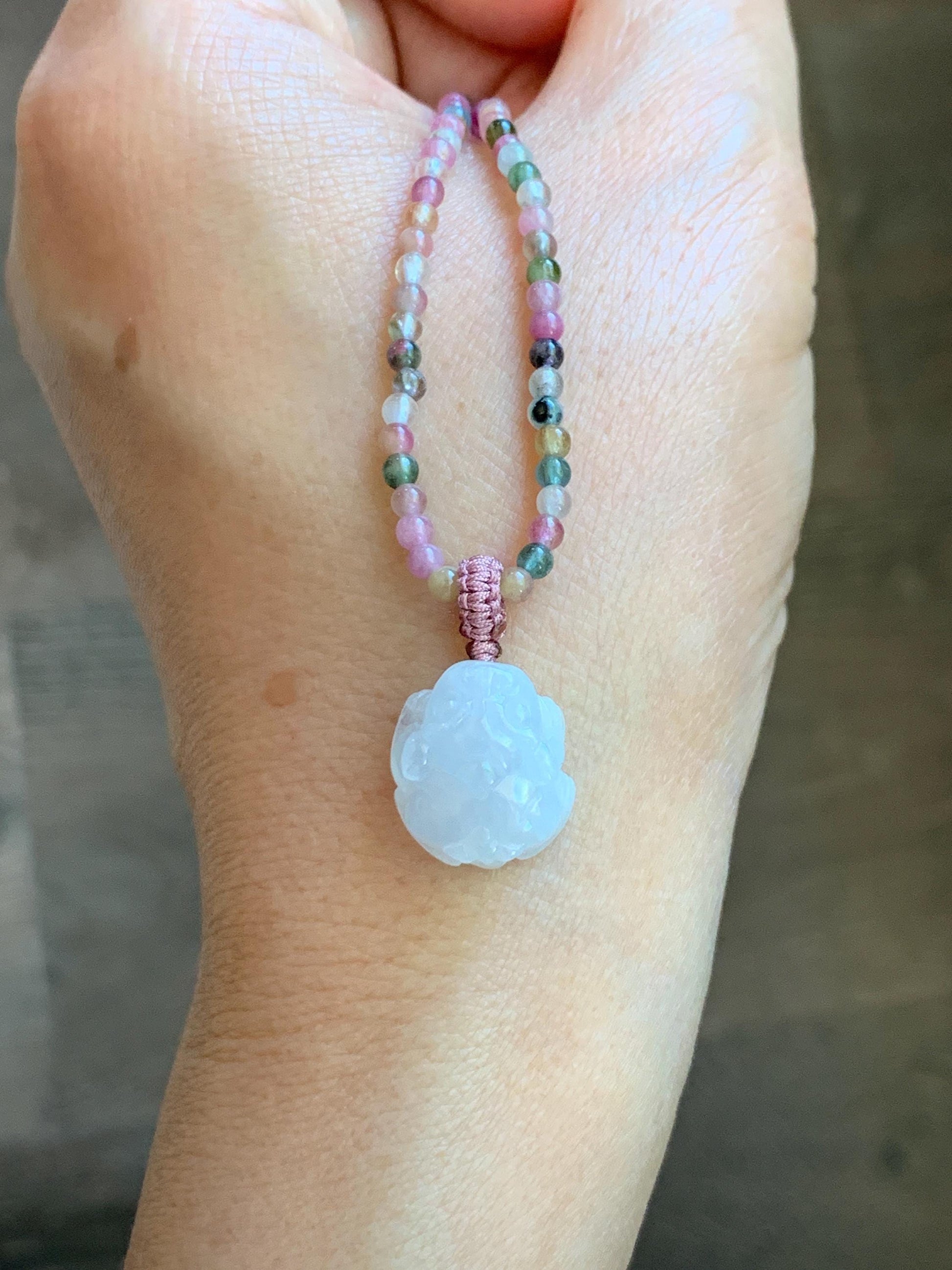 Grade A Natural Icy White Jade Jadeite Petite Pixiu Pendant Natural Multicolored Tourmaline Beaded Necklace 16”-17” 8g 天然白冰翡翠貔貅吊坠碧玺项链 MPB200
