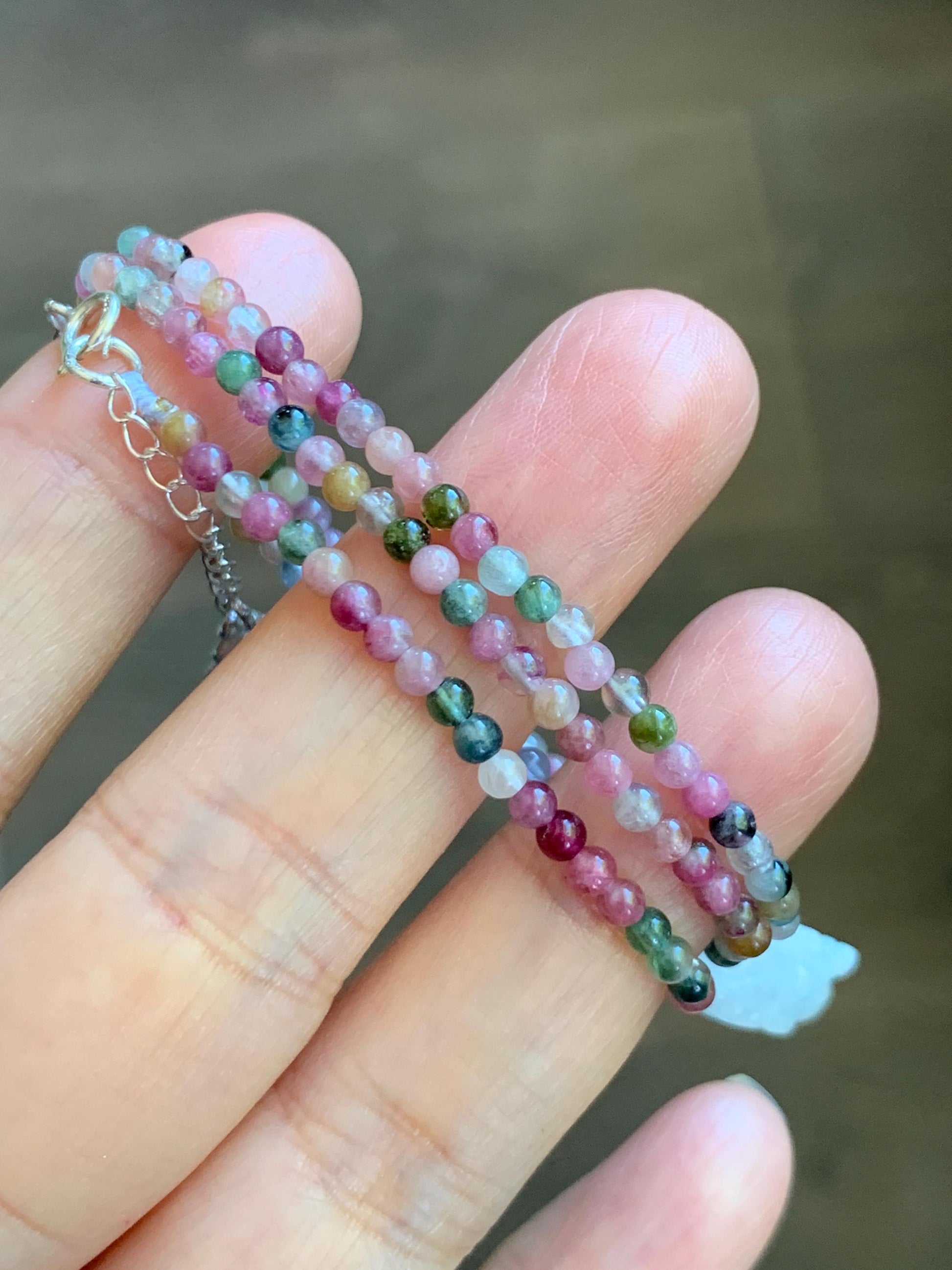 Grade A Natural Icy White Jade Jadeite Petite Pixiu Pendant Natural Multicolored Tourmaline Beaded Necklace 16”-17” 8g 天然白冰翡翠貔貅吊坠碧玺项链 MPB200
