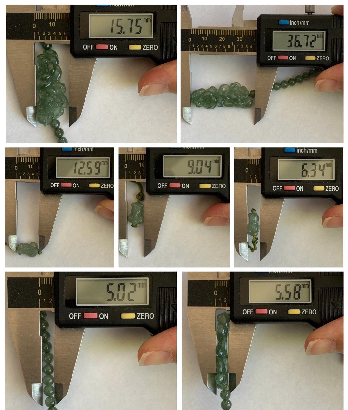 Natural Grade A Icy Highly Translucent Dusty Green Jade Jadeite Twin Lotus Flower Goldfish Charm Beaded Bracelet 6.5" 天然冰胶绿翡翠并蒂莲花圆珠手串 MLL335