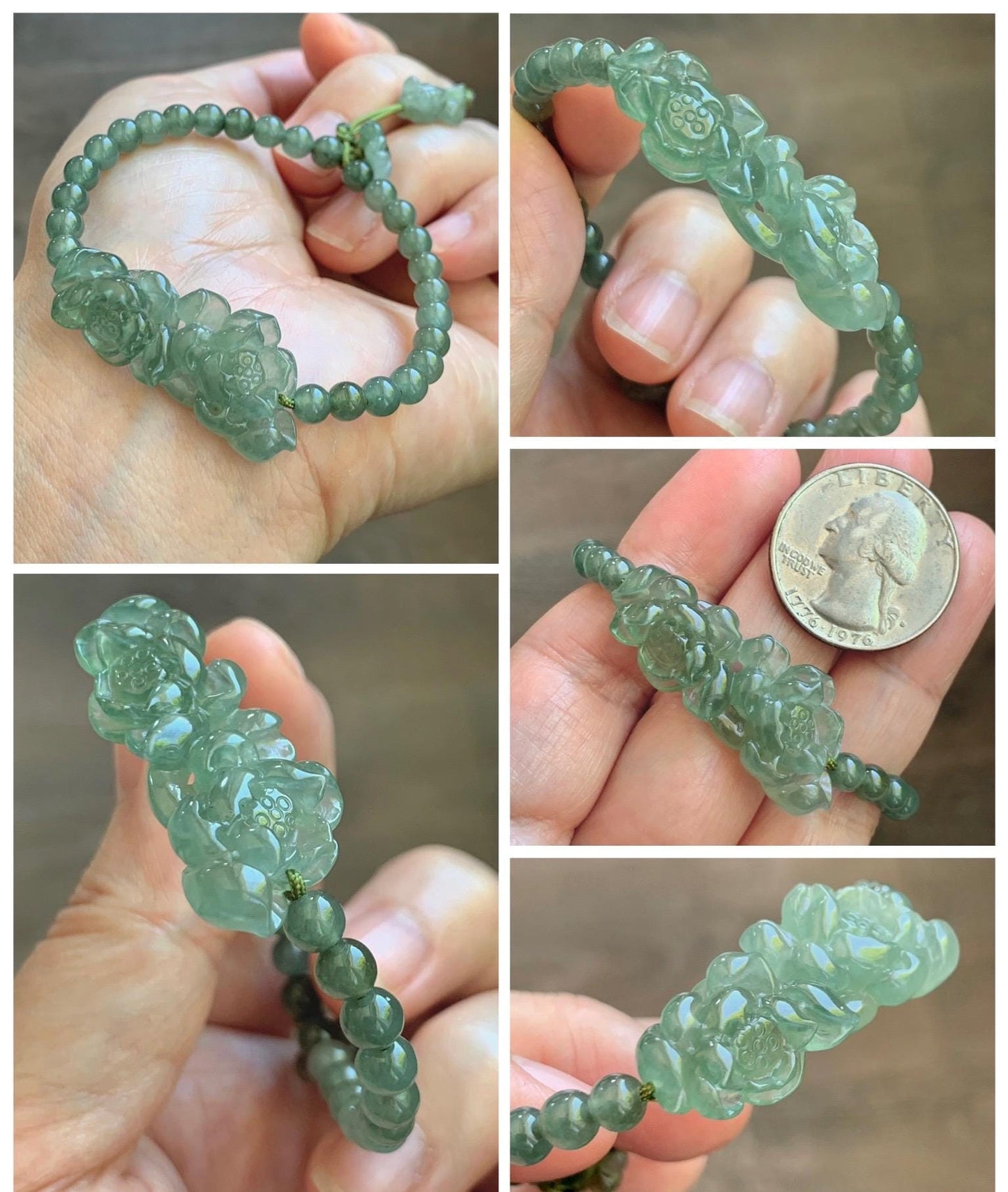 Natural Grade A Icy Highly Translucent Dusty Green Jade Jadeite Twin Lotus Flower Goldfish Charm Beaded Bracelet 6.5" 天然冰胶绿翡翠并蒂莲花圆珠手串 MLL335