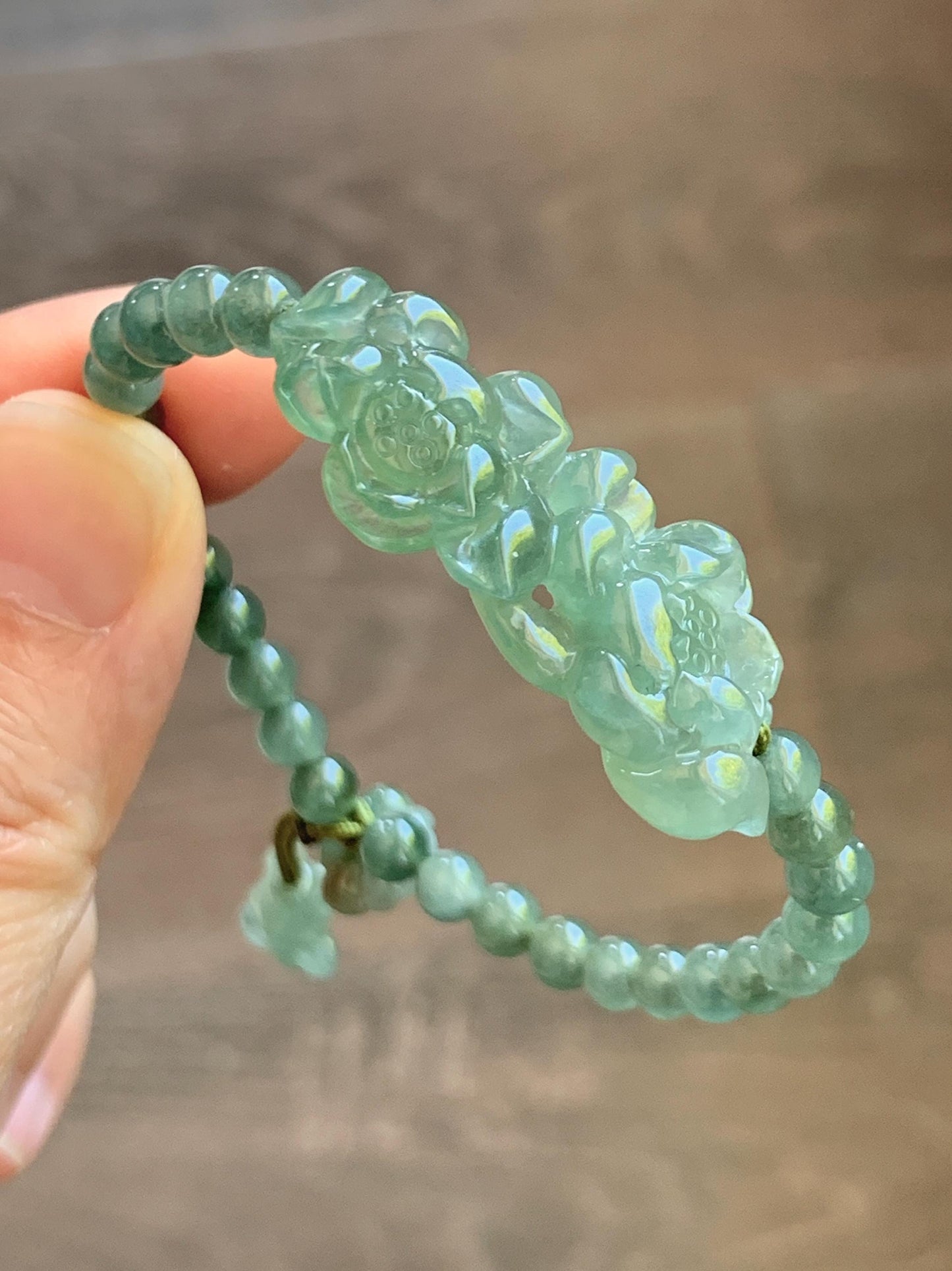 Natural Grade A Icy Highly Translucent Dusty Green Jade Jadeite Twin Lotus Flower Goldfish Charm Beaded Bracelet 6.5" 天然冰胶绿翡翠并蒂莲花圆珠手串 MLL335