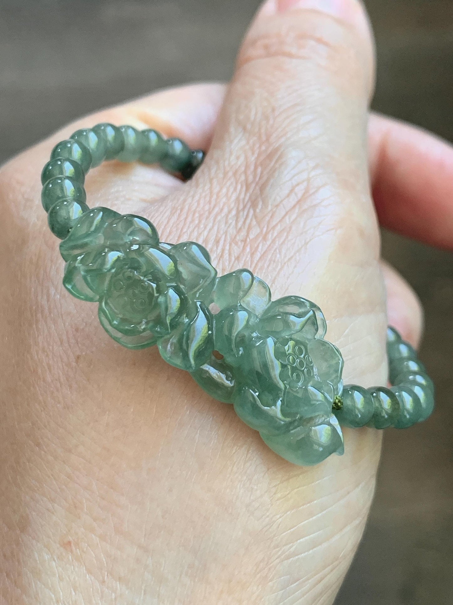 Natural Grade A Icy Highly Translucent Dusty Green Jade Jadeite Twin Lotus Flower Goldfish Charm Beaded Bracelet 6.5" 天然冰胶绿翡翠并蒂莲花圆珠手串 MLL335