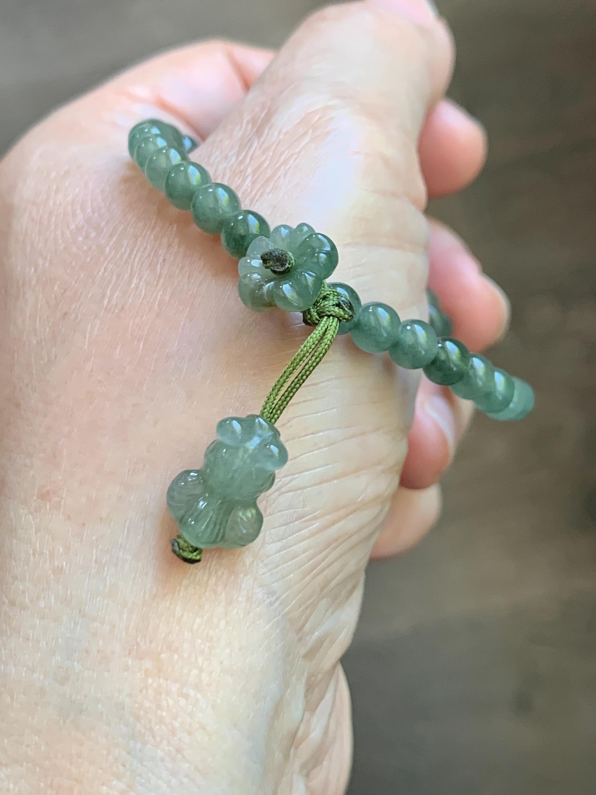 Natural Grade A Icy Highly Translucent Dusty Green Jade Jadeite Twin Lotus Flower Goldfish Charm Beaded Bracelet 6.5" 天然冰胶绿翡翠并蒂莲花圆珠手串 MLL335