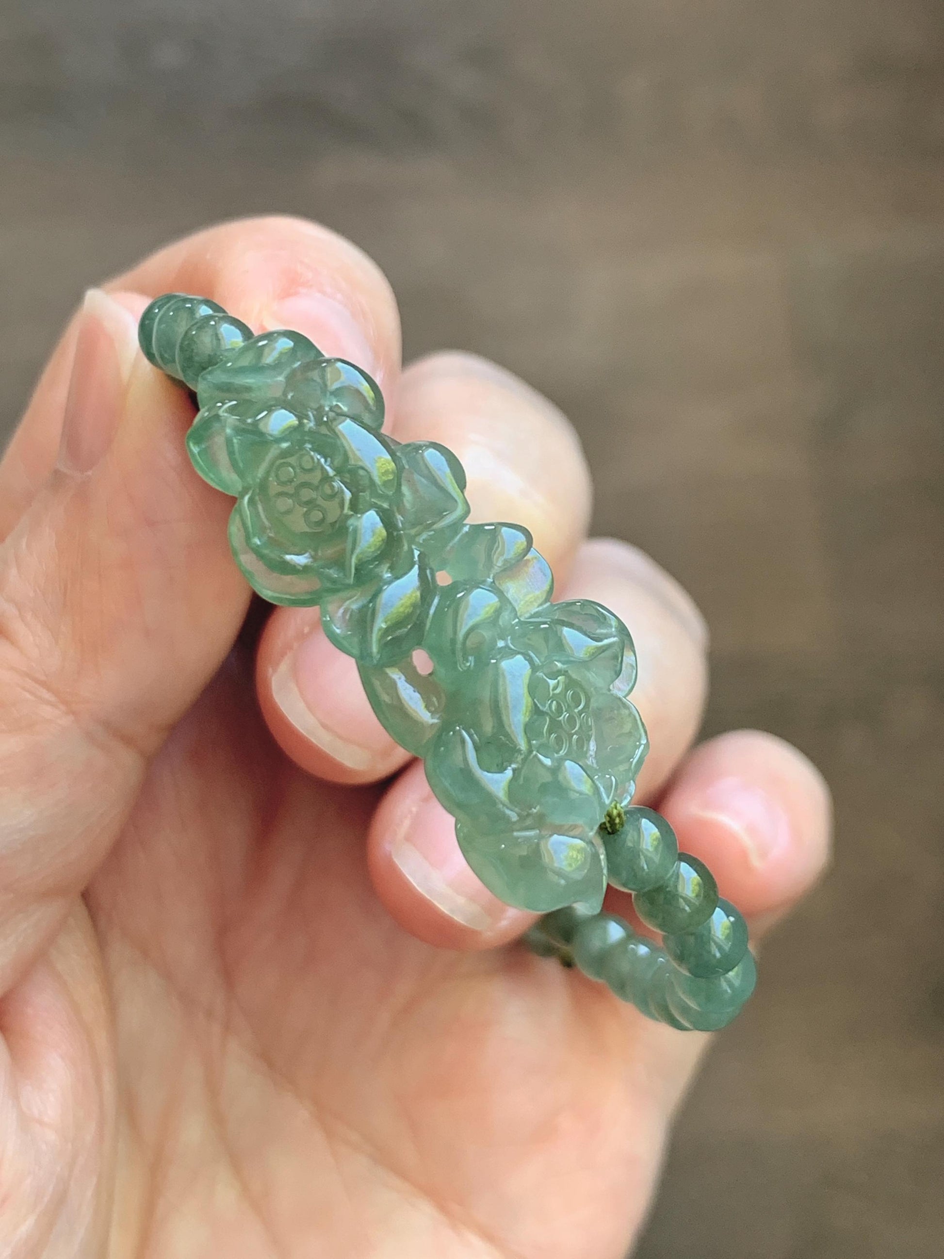 Natural Grade A Icy Highly Translucent Dusty Green Jade Jadeite Twin Lotus Flower Goldfish Charm Beaded Bracelet 6.5" 天然冰胶绿翡翠并蒂莲花圆珠手串 MLL335