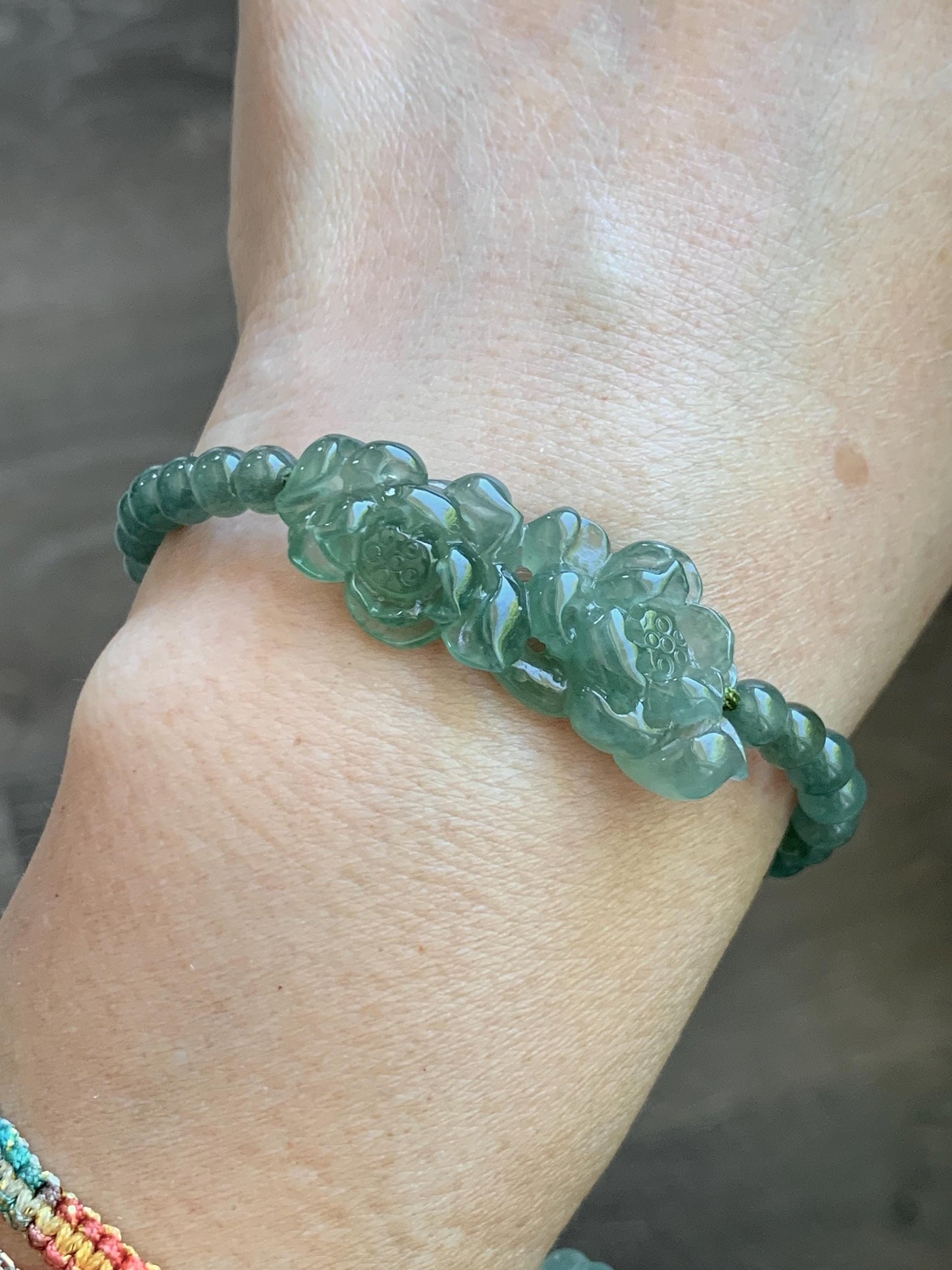 Natural Grade A Icy Highly Translucent Dusty Green Jade Jadeite Twin Lotus Flower Goldfish Charm Beaded Bracelet 6.5" 天然冰胶绿翡翠并蒂莲花圆珠手串 MLL335